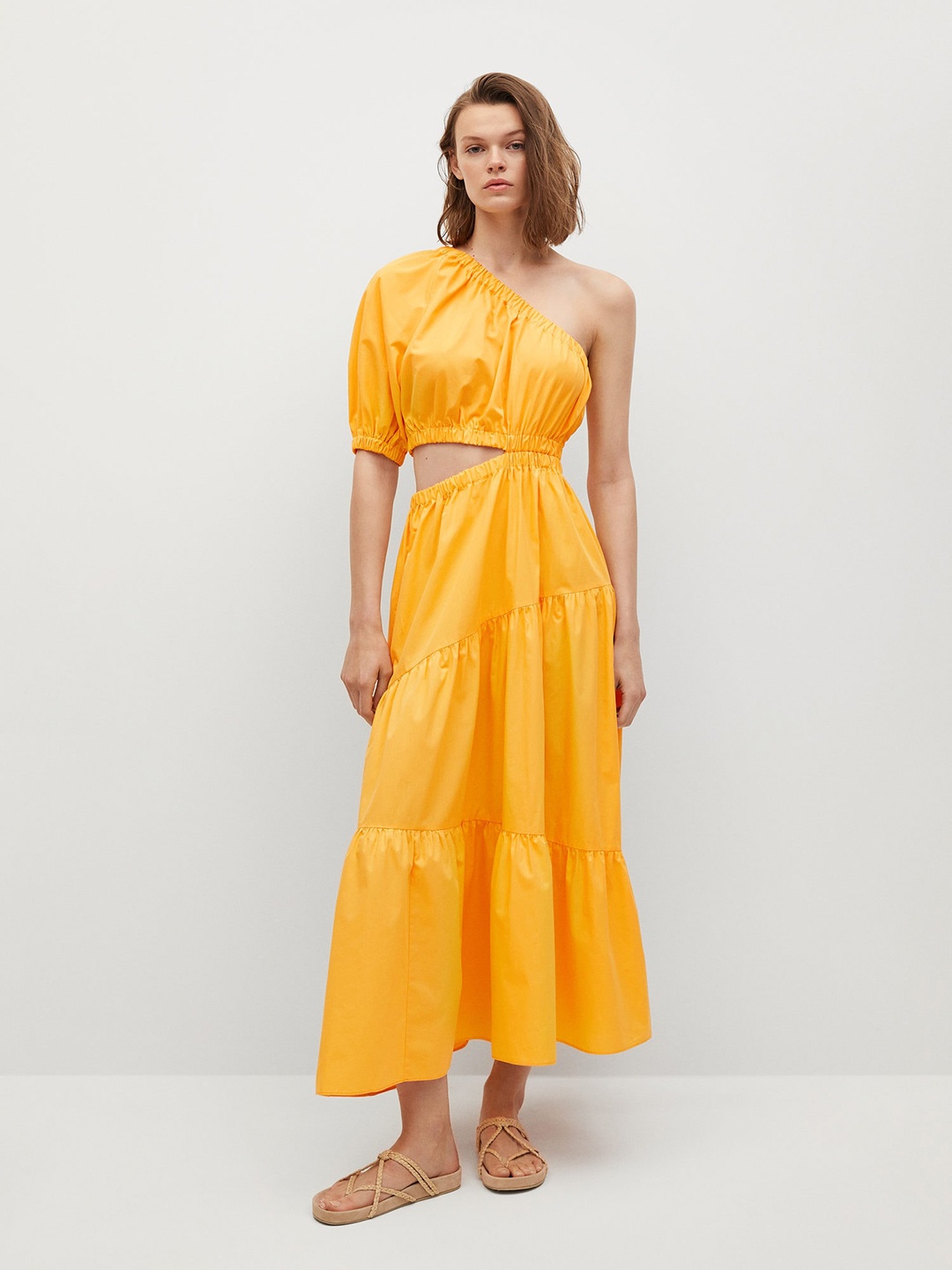

MANGO Yellow Solid One Shoulder Pure Cotton Maxi Dress