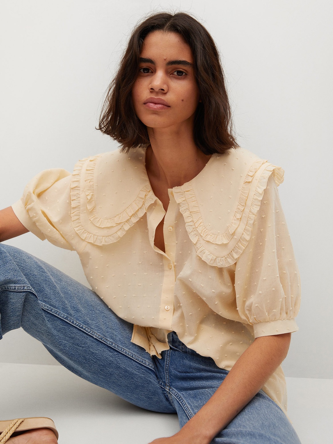 

MANGO Beige Plumeti Pure Cotton Victorian Top