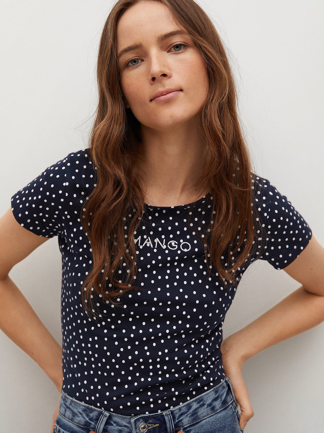 

MANGO Women Navy Blue & White Brand Logo Polka Dots Print Cotton T-shirt