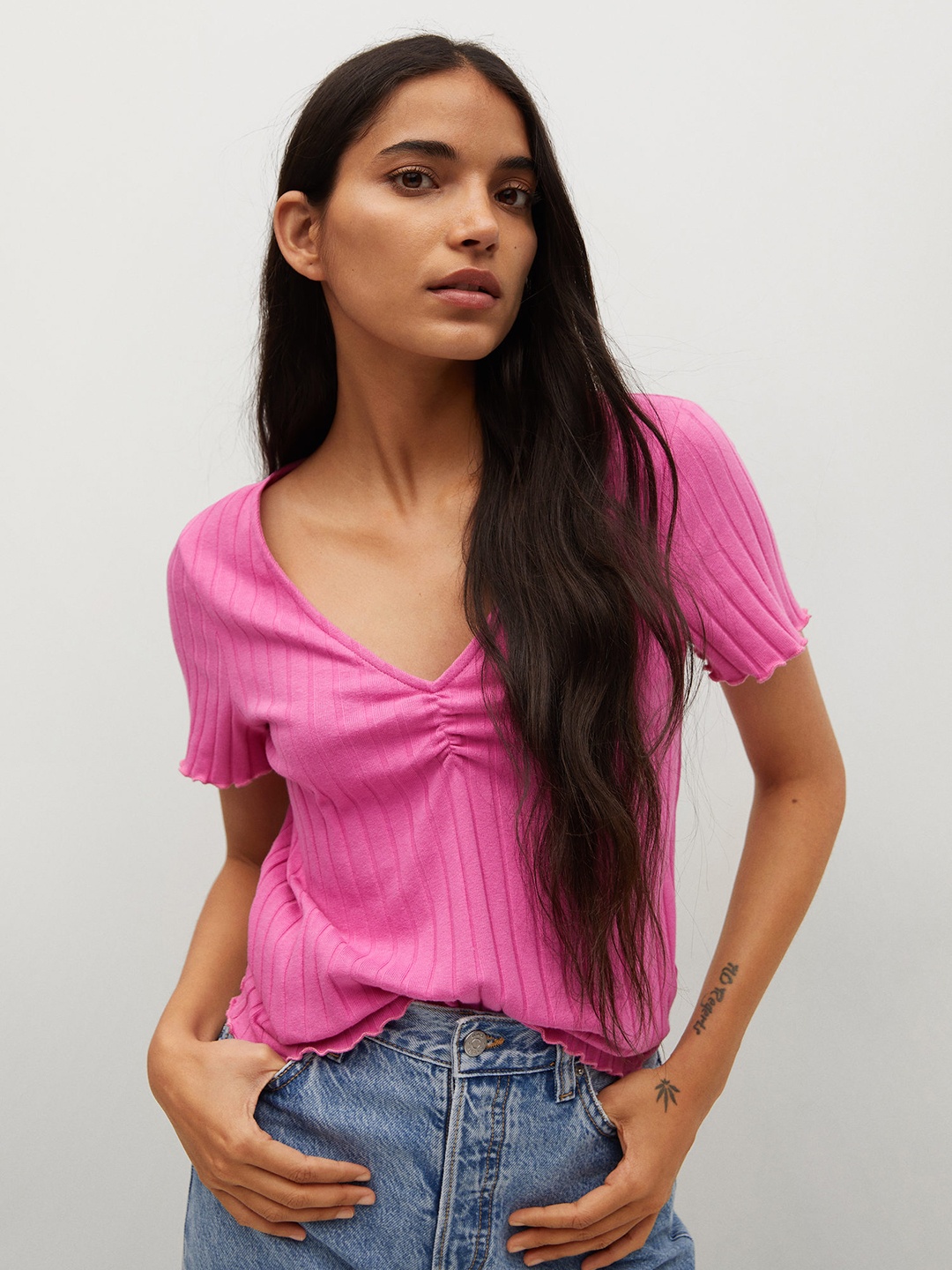 

MANGO Pink Self Striped Top