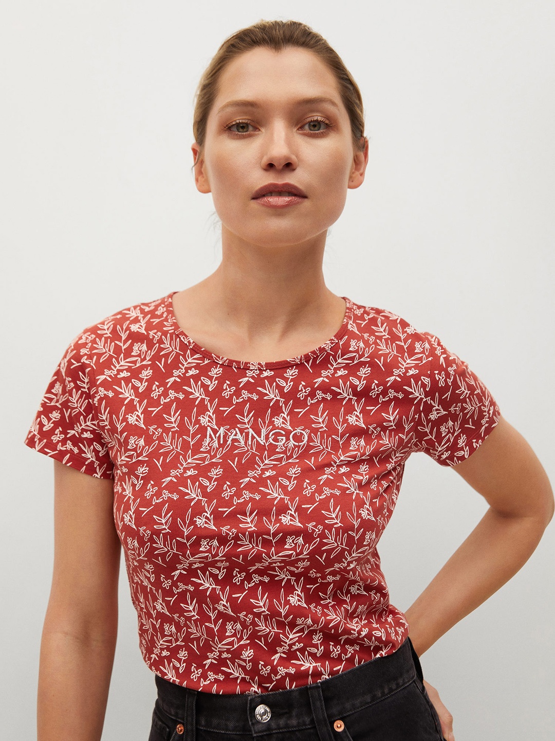 

MANGO Women Rust Brown & White Brand Logo Print Embroidered Cotton T-shirt