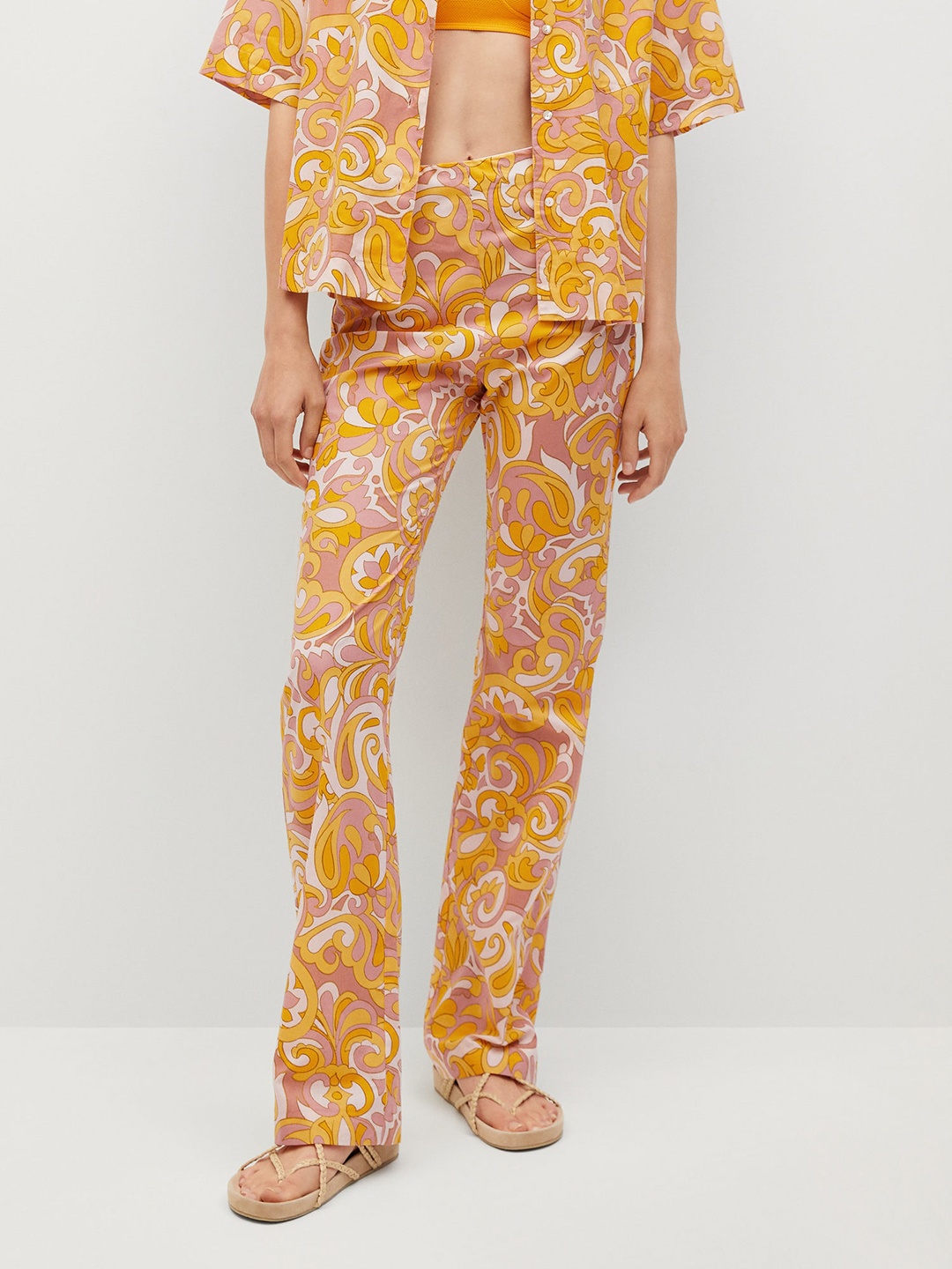 

MANGO Women Mustard Yellow & White Pure Cotton Ethnic Printed Trousers