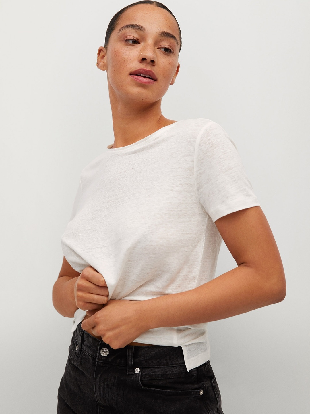 

MANGO Women White Linen T-shirt