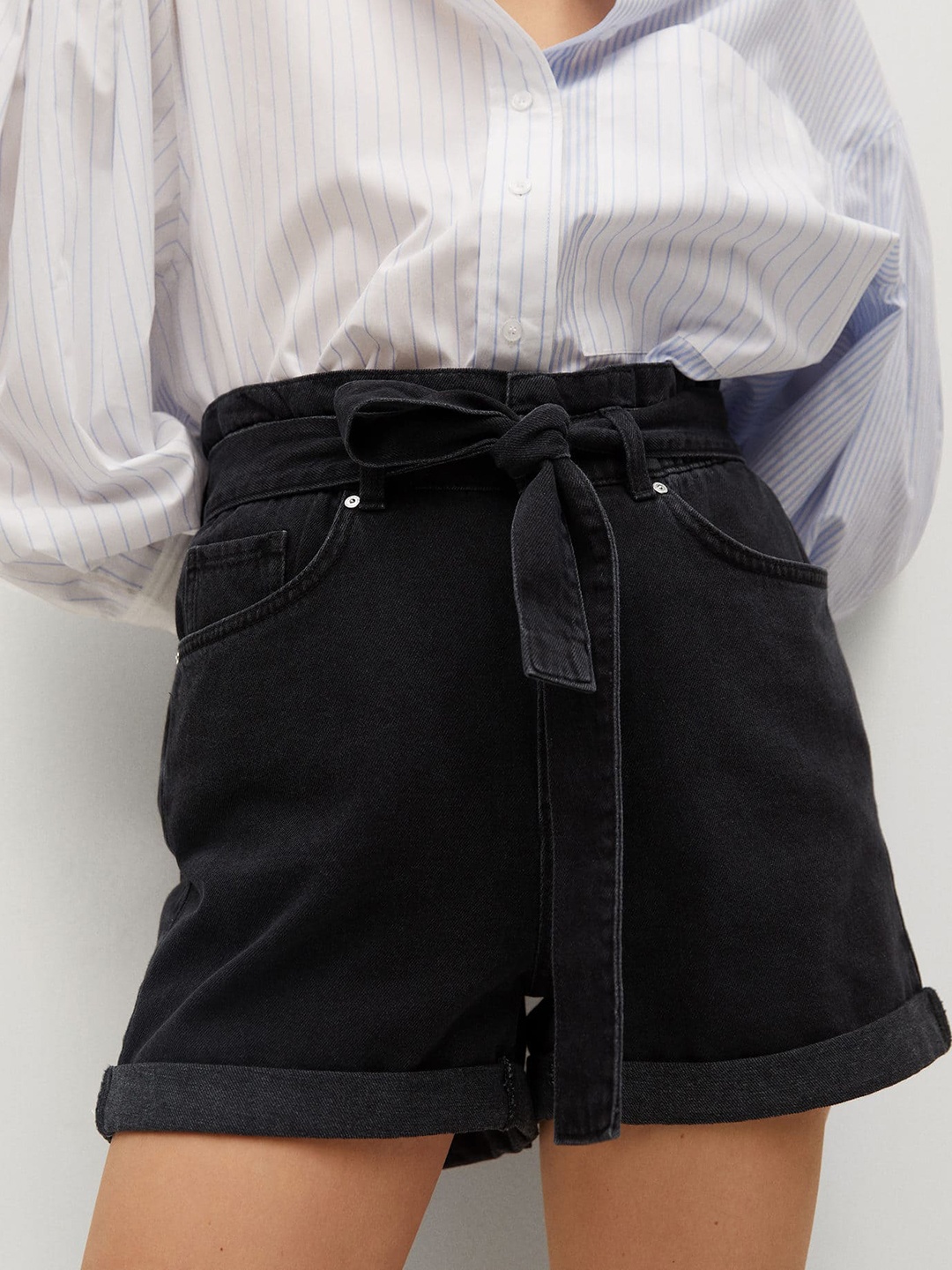 

MANGO Women Black High-Rise Mia Fit Pure Cotton Paperbag Denim Shorts with Belt