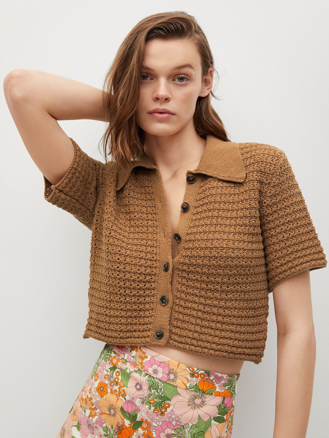 

MANGO Women Brown Self Design Crop Cardigan