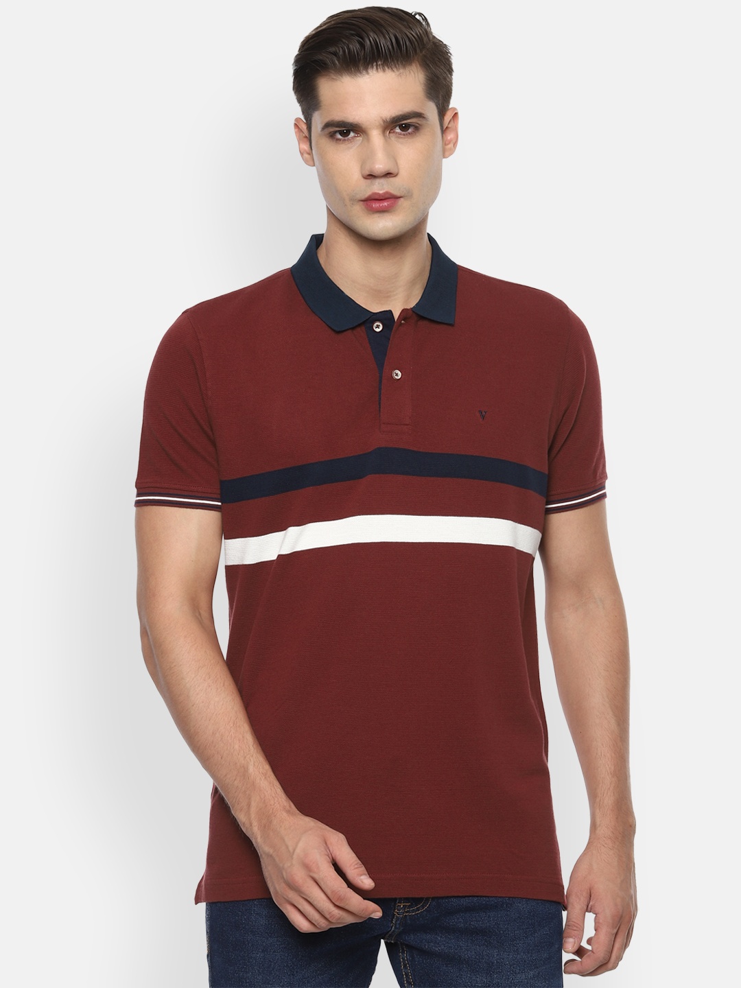 

Van Heusen Sport Men Maroon Navy Blue Striped Polo Collar Cotton Pure Cotton T-shirt