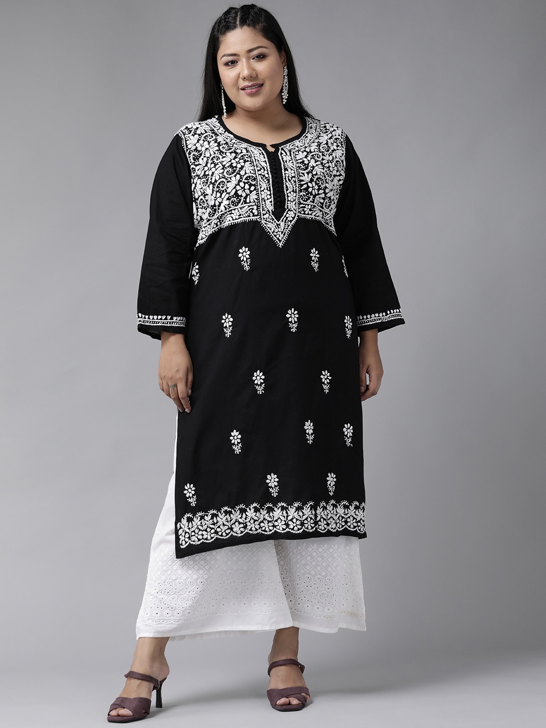 

ADA Women Plus Size Black & White Chikankari Hand Embroidered Sustainable Straight Kurta