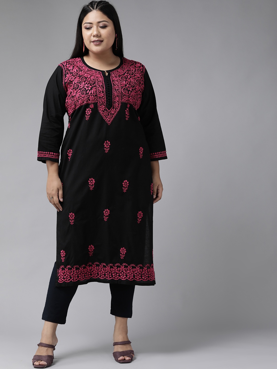 

ADA Plus Size Women Black & Pink Cotton Ethnic Motifs Embroidered Chikankari Kurta