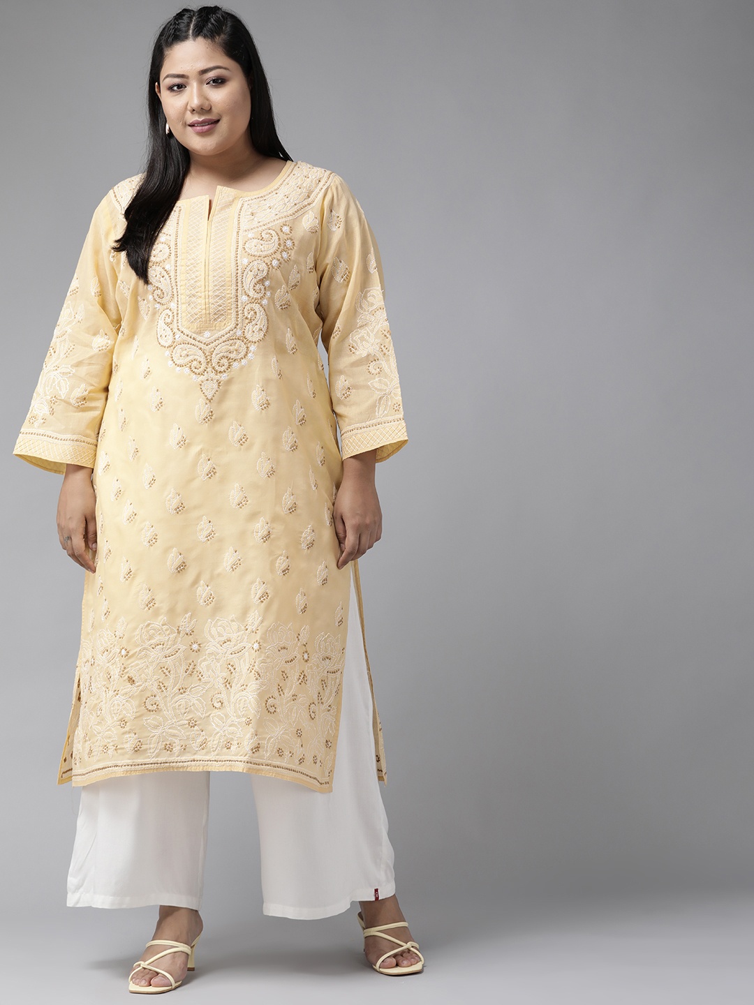 

ADA Women Plus Size Beige Chikankari Hand Embroidered Sustainable Straight Handloom Kurta