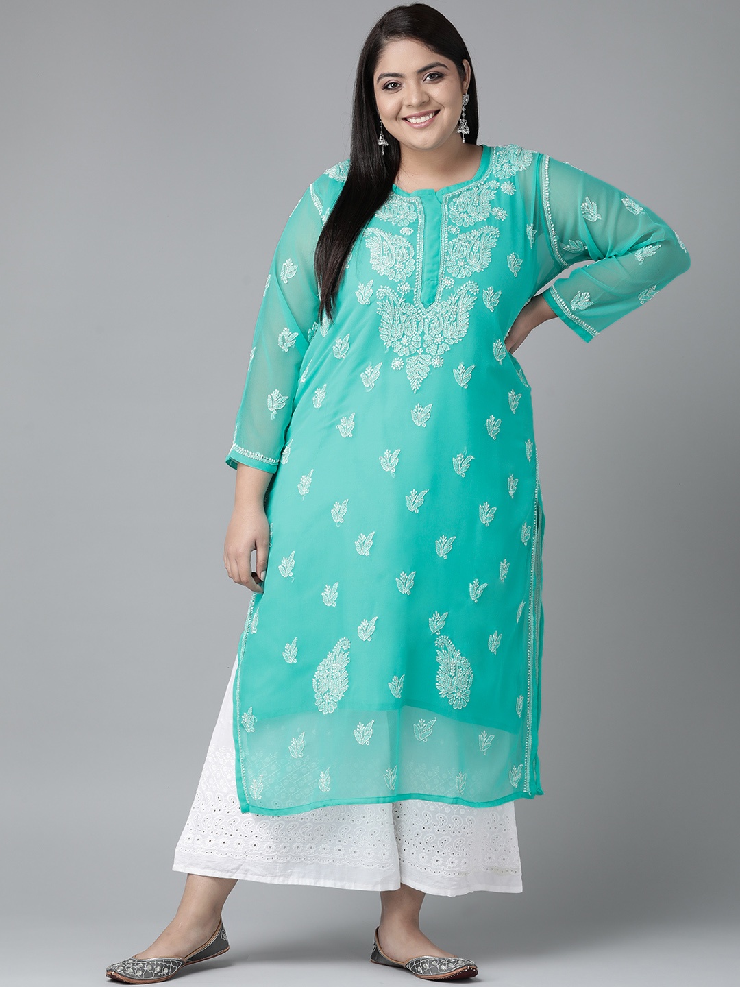 

ADA Women Plus Size Sea Green & White Ethnic Motifs Chikankari Straight Handloom Kurta with Inner