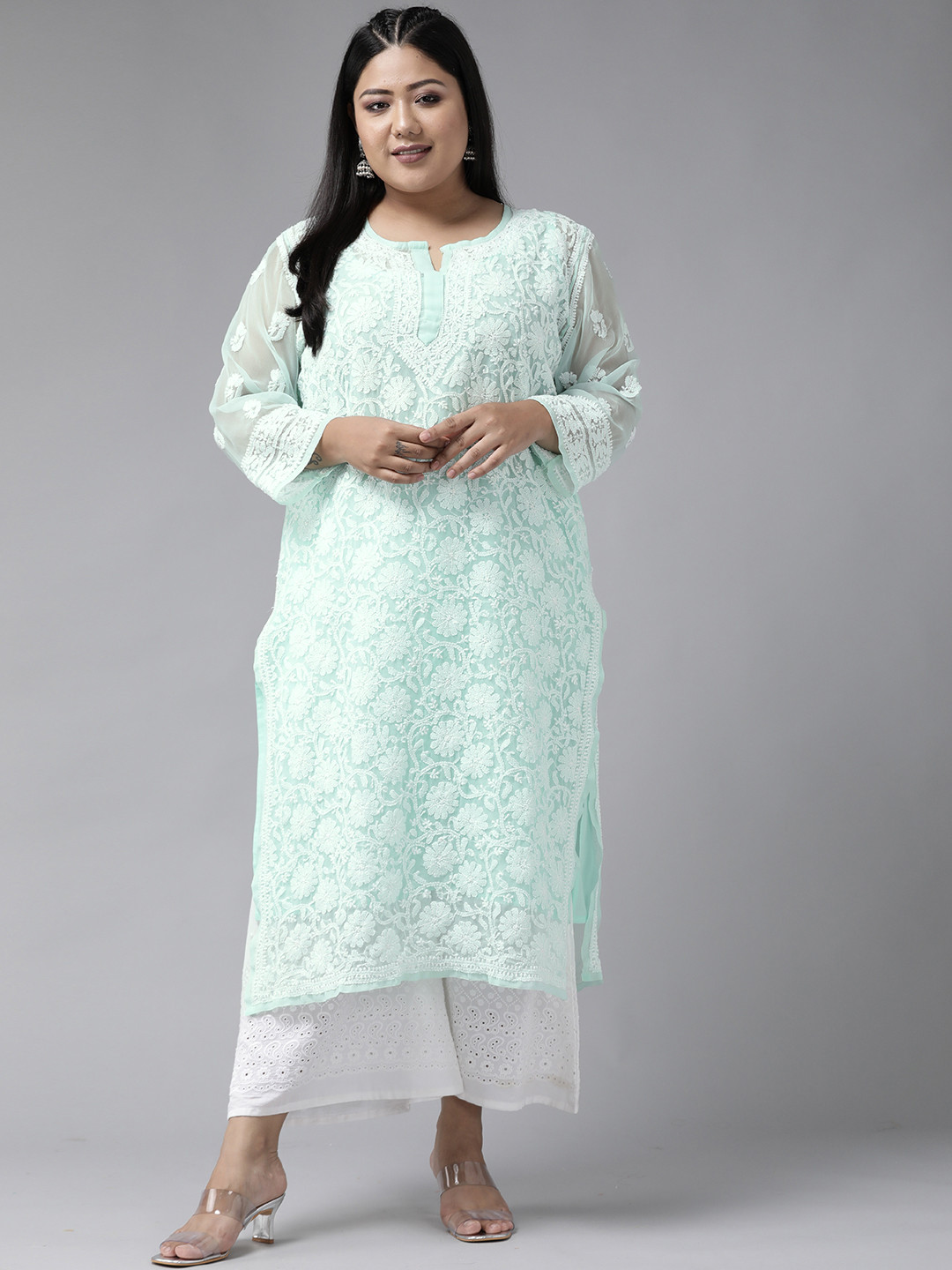 

ADA Women Sea Green Chikankari Hand Embroidered Georgette Sustainable Straight Handloom Kurta