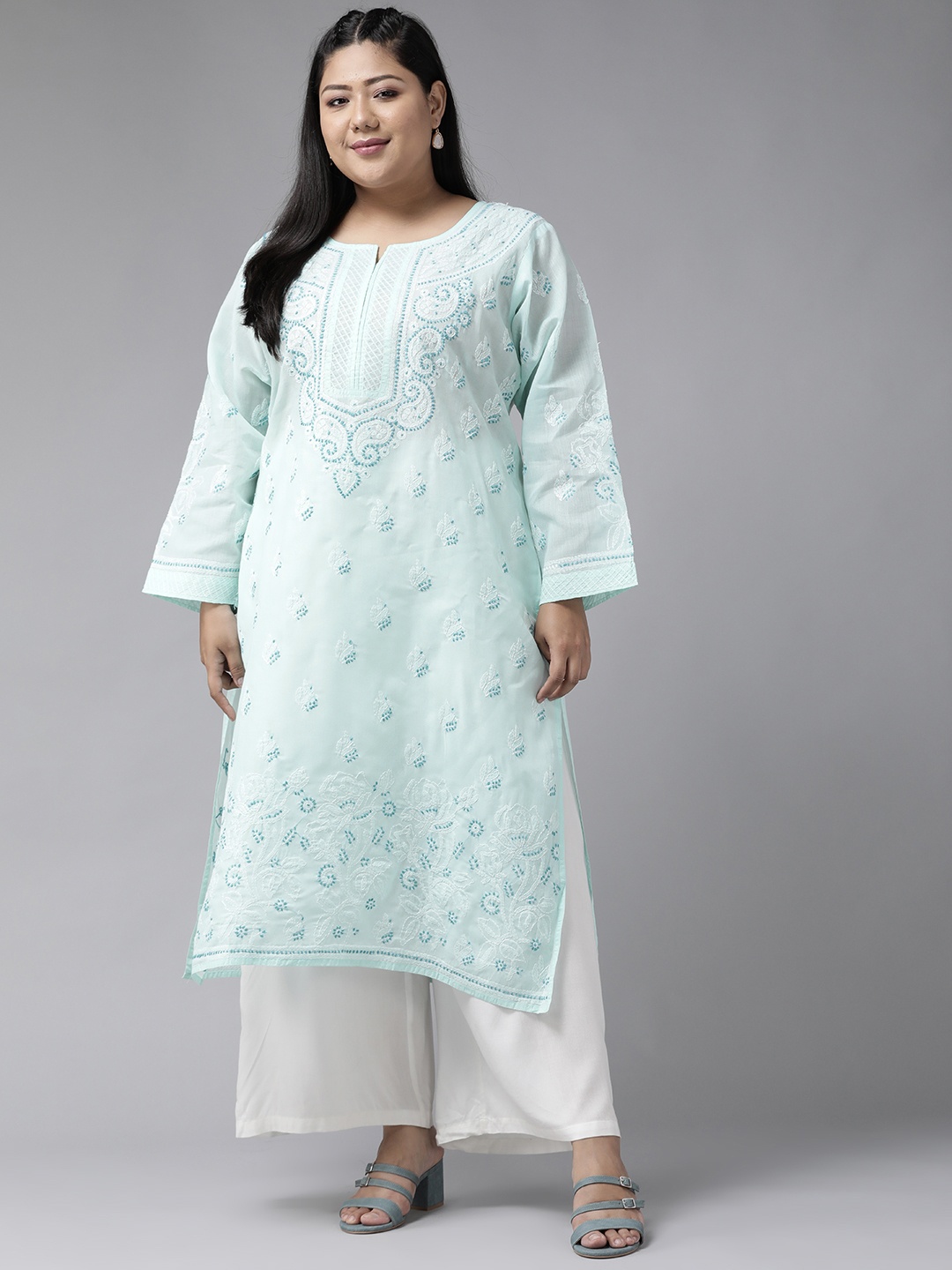 

ADA Women Plus Size Blue Chikankari Hand Embroidered Sustainable Straight Kurta