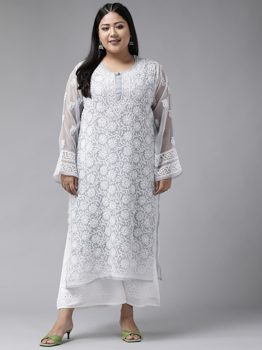 

ADA Women Grey Chikankari Hand Embroidered Georgette Sustainable Straight Handloom Kurta