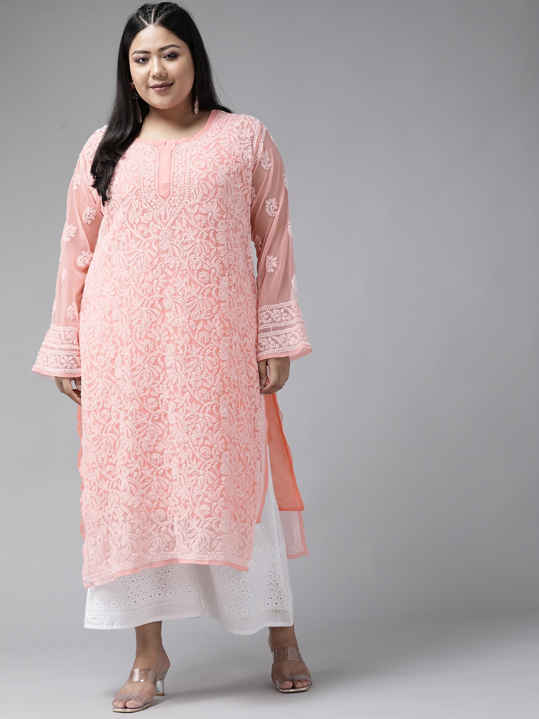 

ADA Women Peach-Coloured Chikankari Hand Embroidered Georgette Sustainable Straight Handloom Kurta