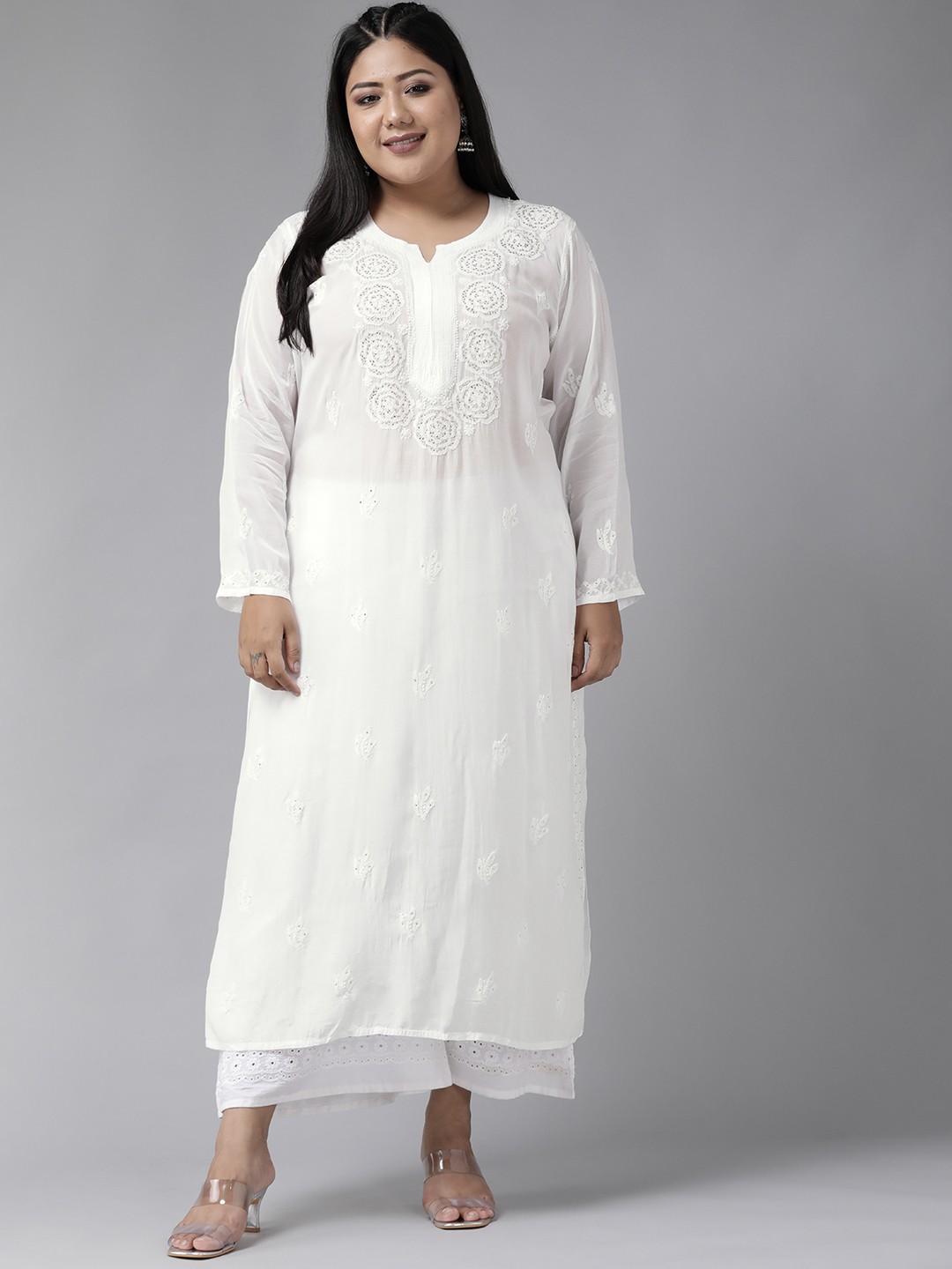 

ADA Women White Chikankari Mukaish Hand Embroidered Sustainable Straight Handloom Kurta