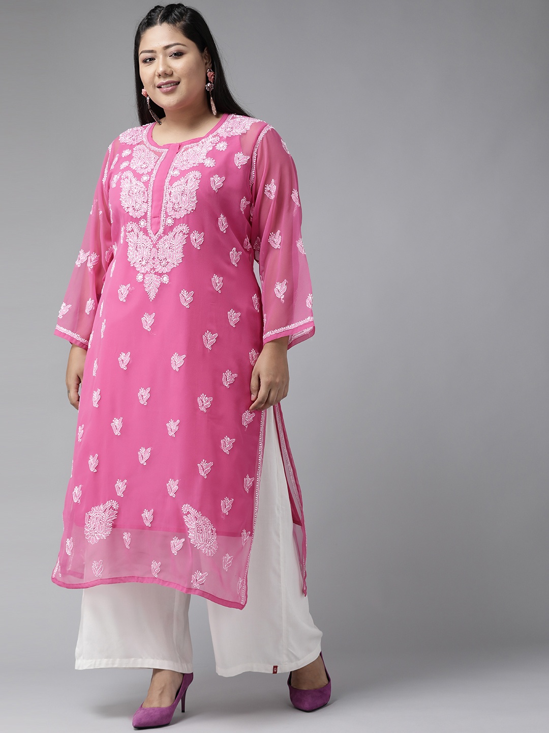 

ADA Women Pink & White Ethnic Motifs Embroidered Chikankari Handloom Kurta With Slip