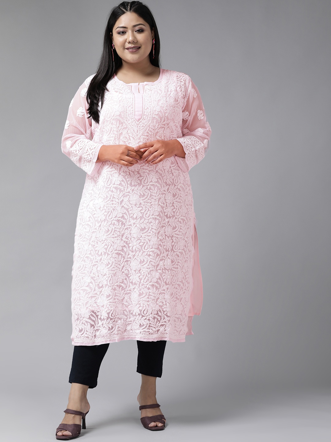 

ADA Plus Size Women Pink & White Cotton Ethnic Motifs Embroidered Chikankari Handloom Kurta & Slip