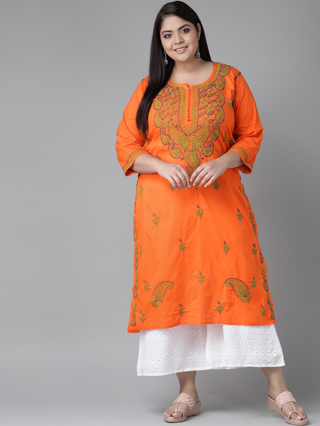 

ADA Women Plus Size Orange Chikankari Embroidered Kurta