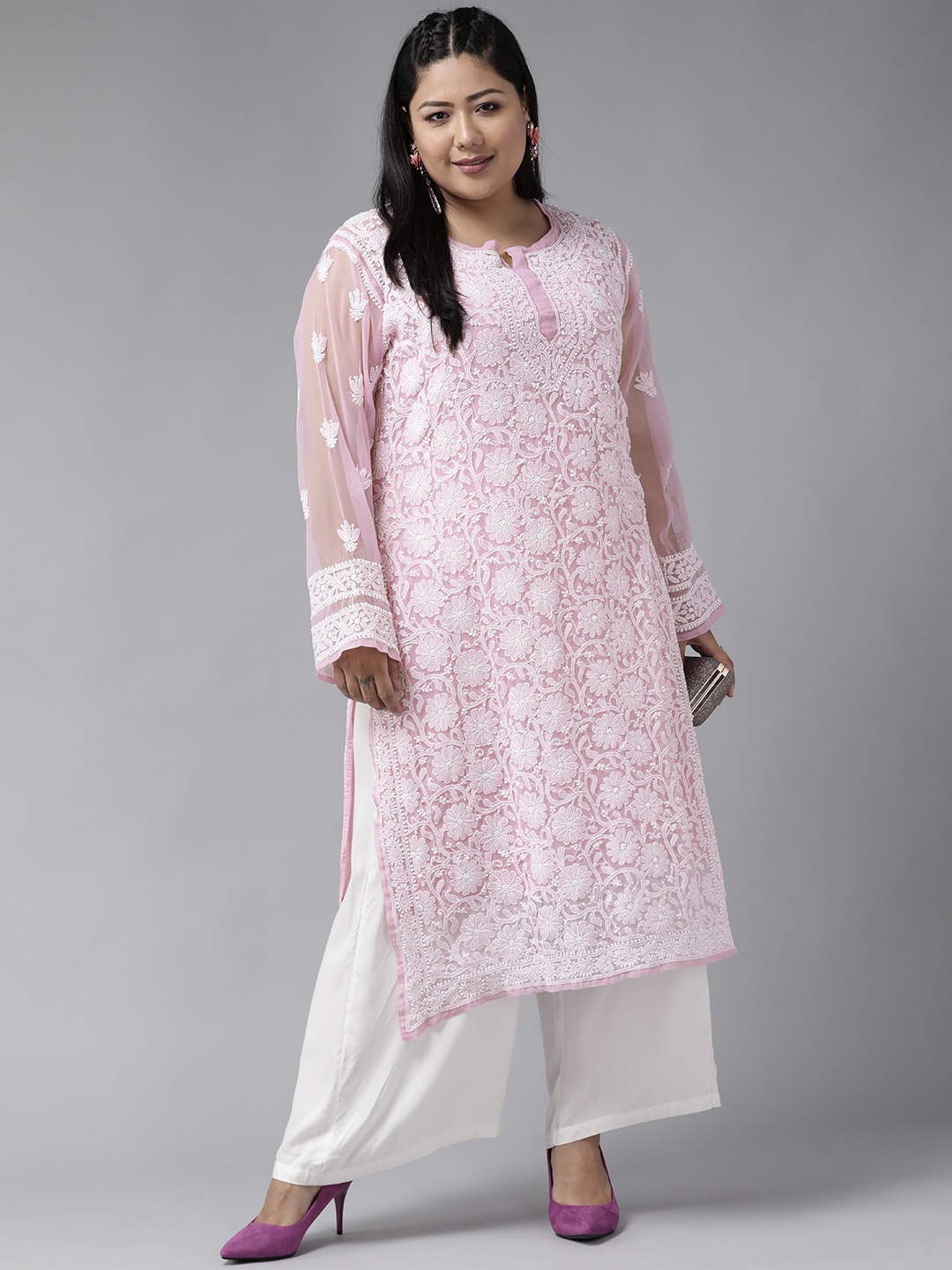 

ADA Women Plus Size Pink Chikankari Hand Embroidered Sustainable Sheer Kurta with Inner