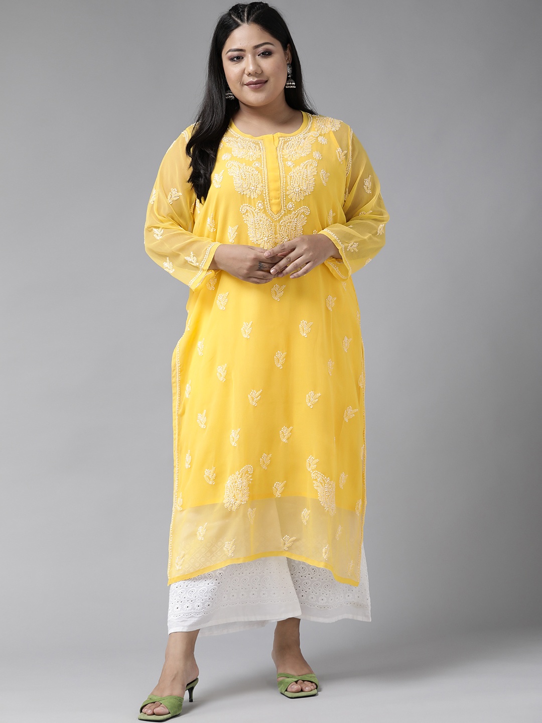 

ADA Women Yellow Chikankari Hand Embroidered Georgette Sustainable Straight Handloom Kurta & Slip