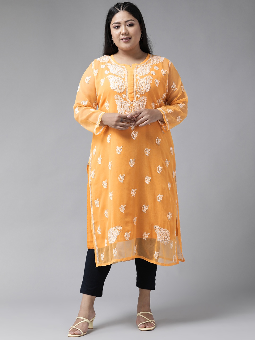 

ADA Women Mustard Yellow & White Ethnic Motifs Embroidered Chikankari Handloom Kurta With Slip