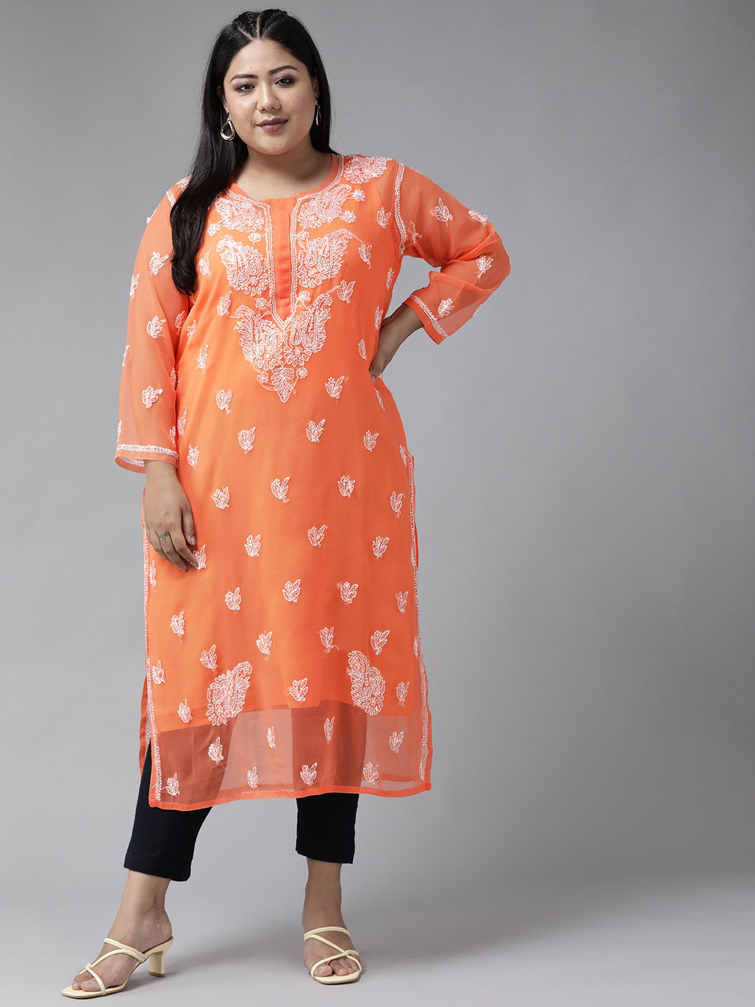 

ADA Women Orange & White Ethnic Motifs Embroidered Chikankari Handloom Kurta With Slip