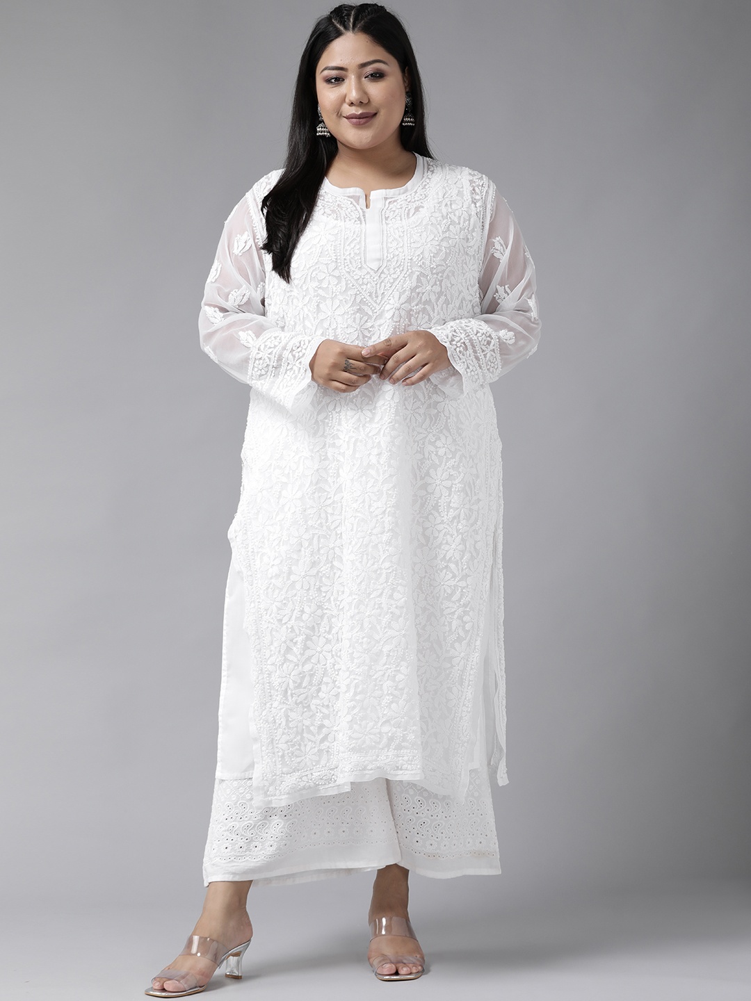

ADA Women White Chikankari Hand Embroidered Georgette Sustainable Straight Handloom Kurta