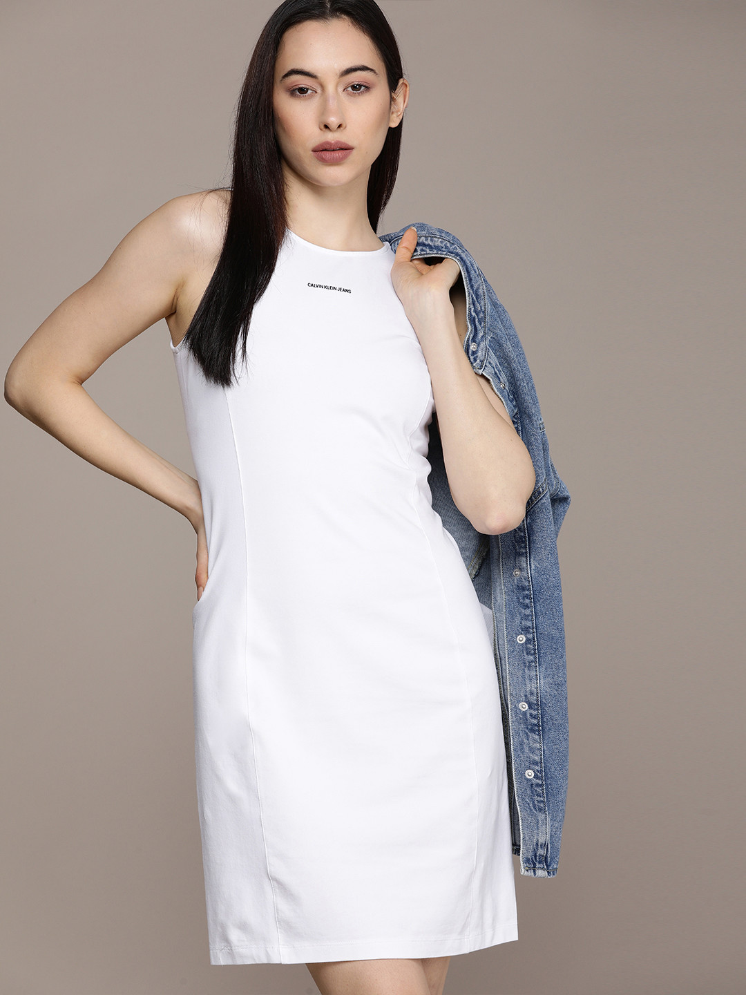 

Calvin Klein Jeans White Solid Sheath Dress with Brand Logo Print Detail