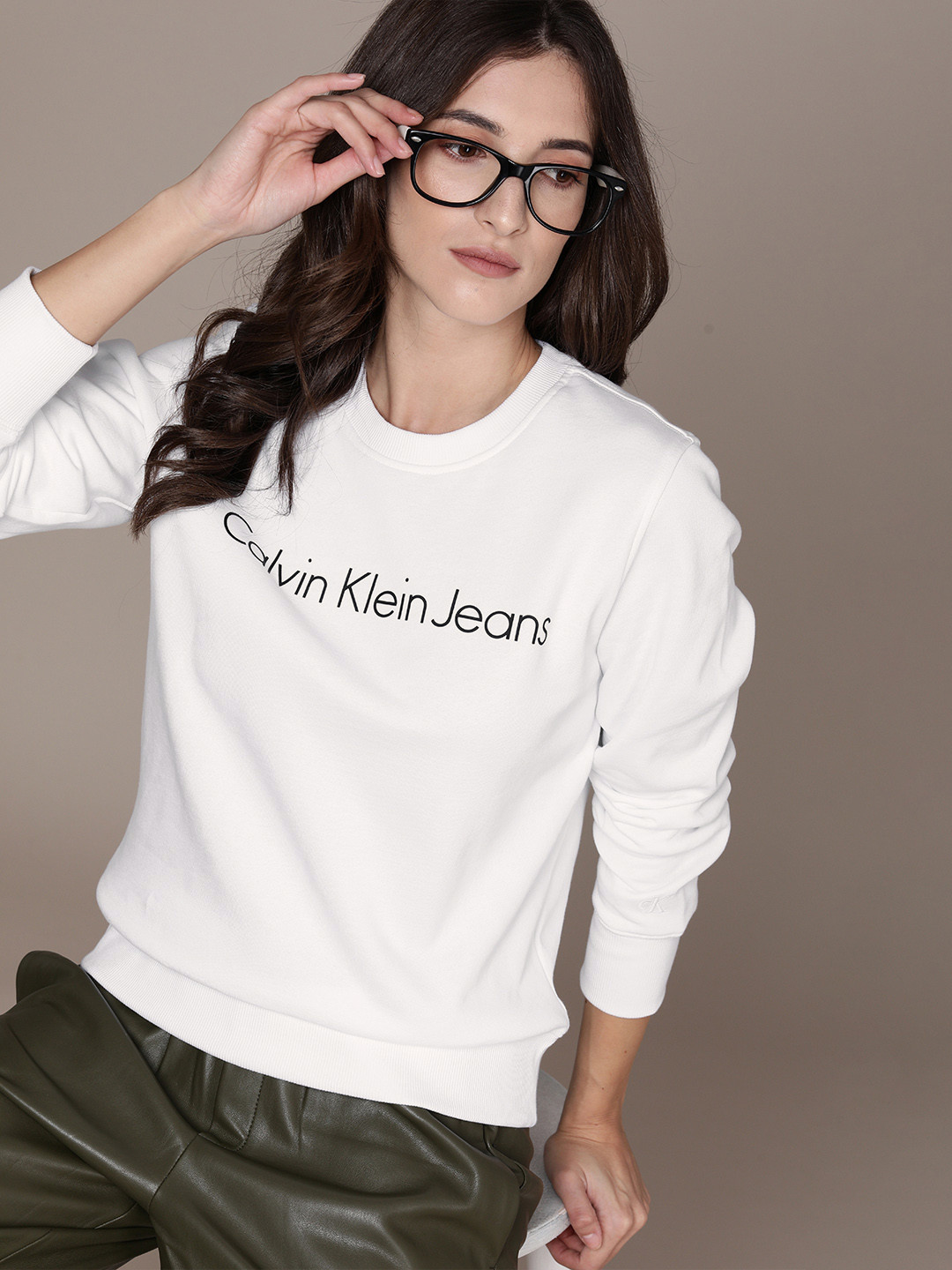 

Calvin Klein Jeans Women White Brand Logo Printed Round Neck Sweatshirt