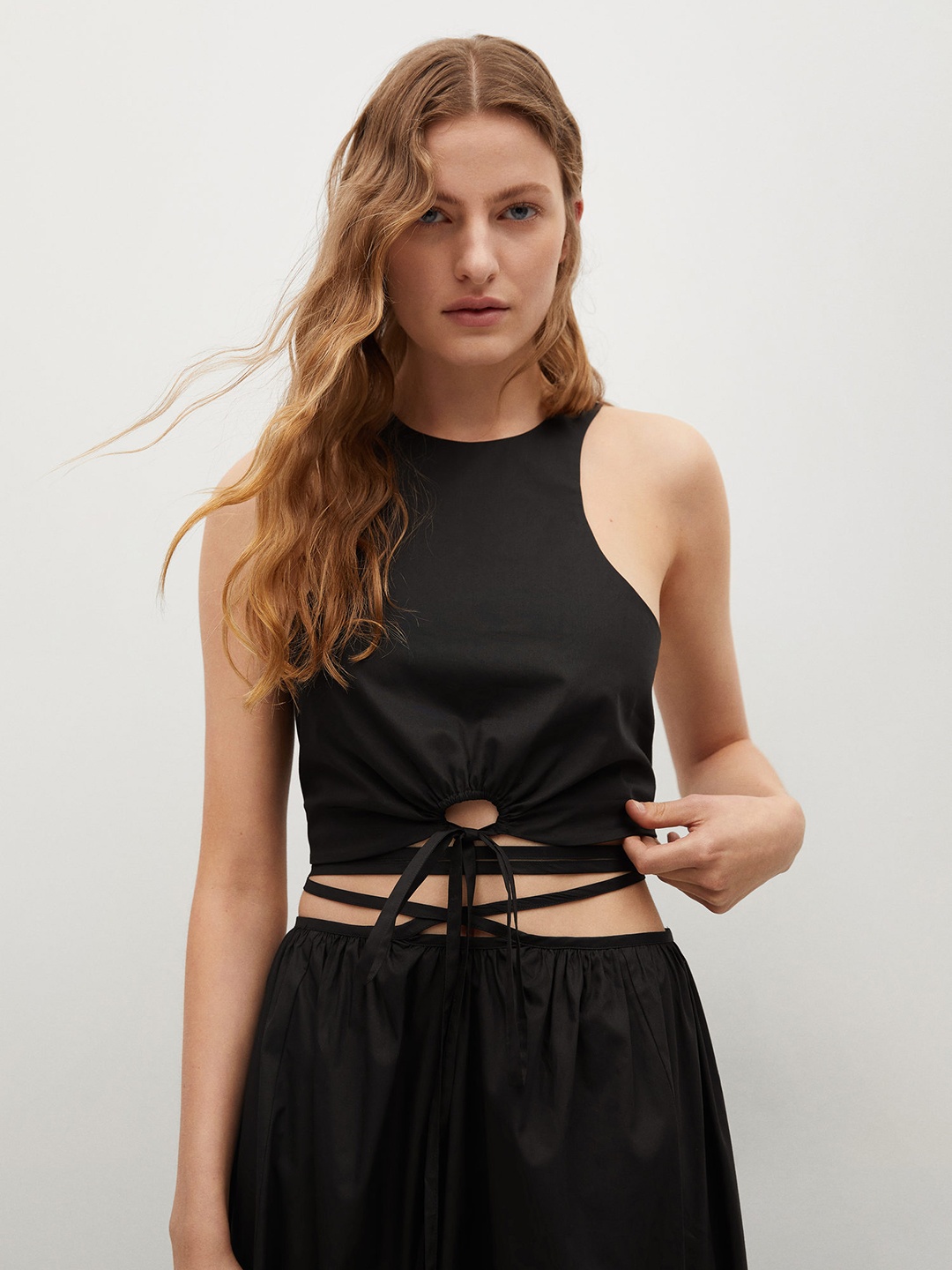 

MANGO Black Pure Cotton Styled Back Crop Top