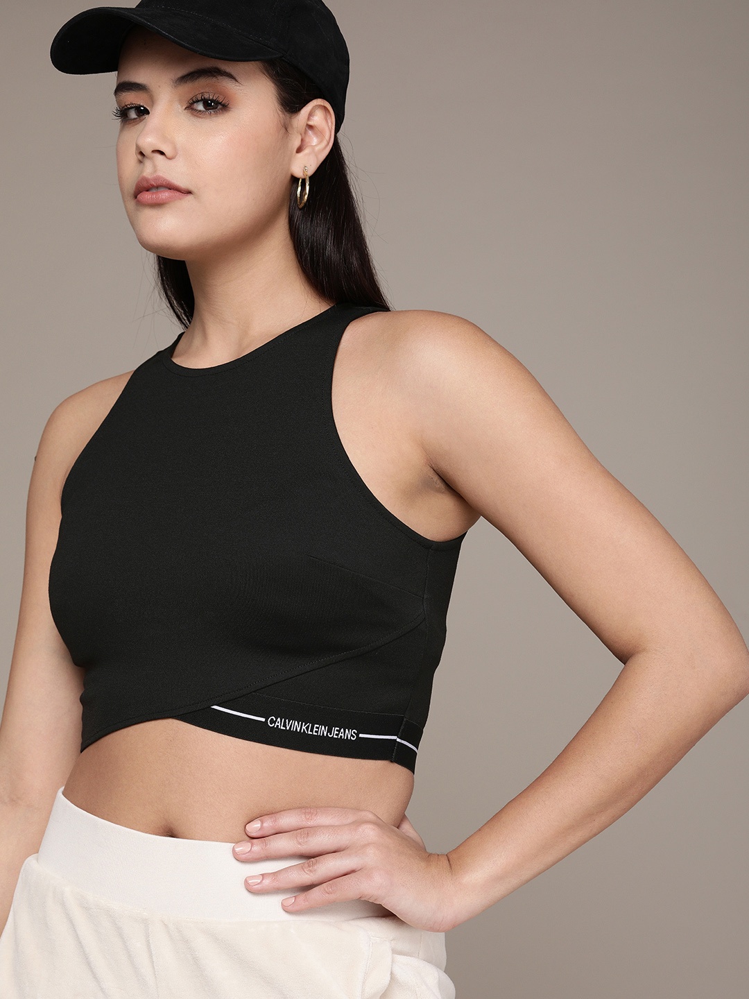 

Calvin Klein Jeans Women Black Racerback Slim Fit Cropped T-shirt