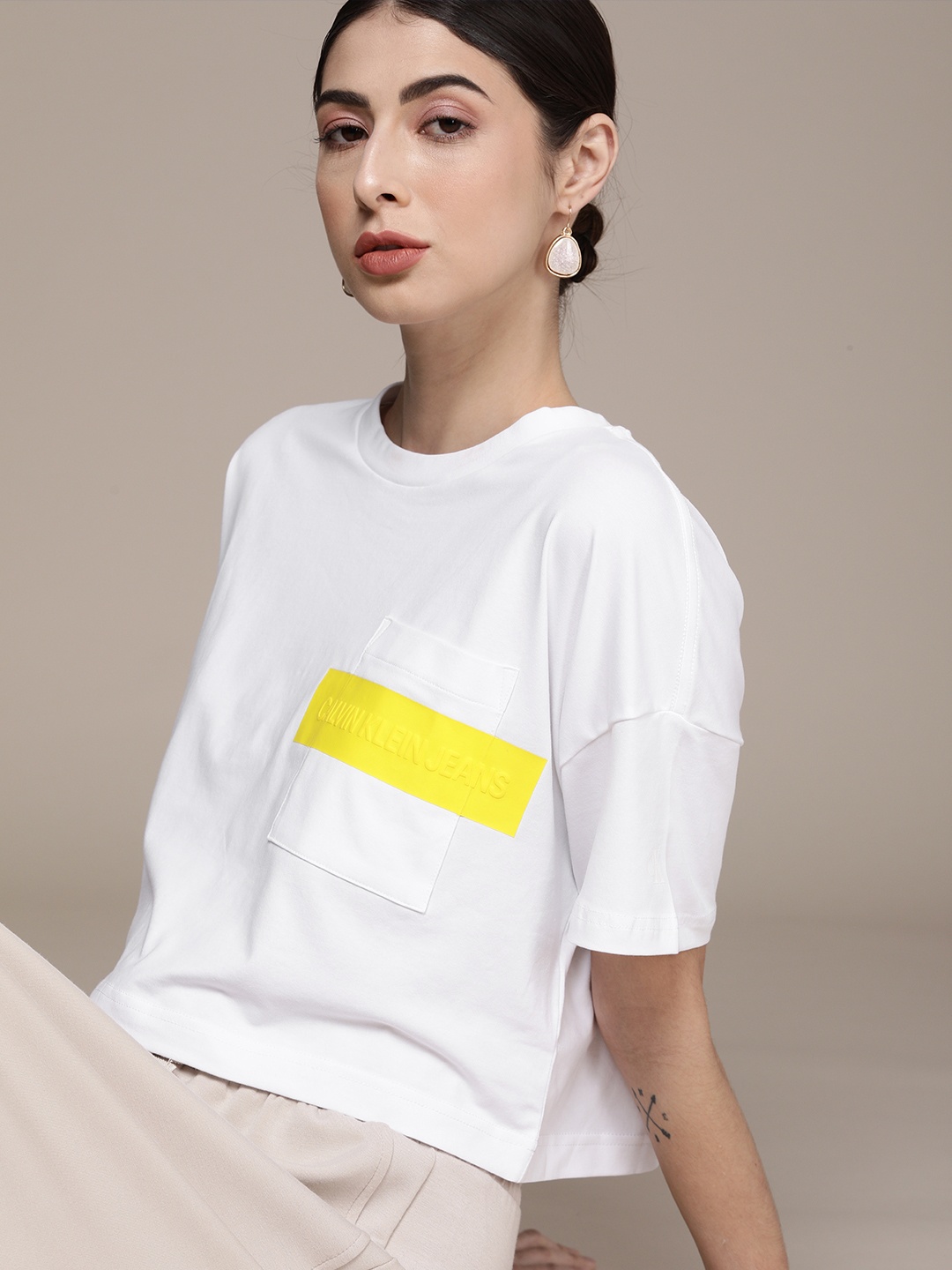 

Calvin Klein Jeans Women White & Yellow Brand Logo Printed Applique Boxy T-shirt