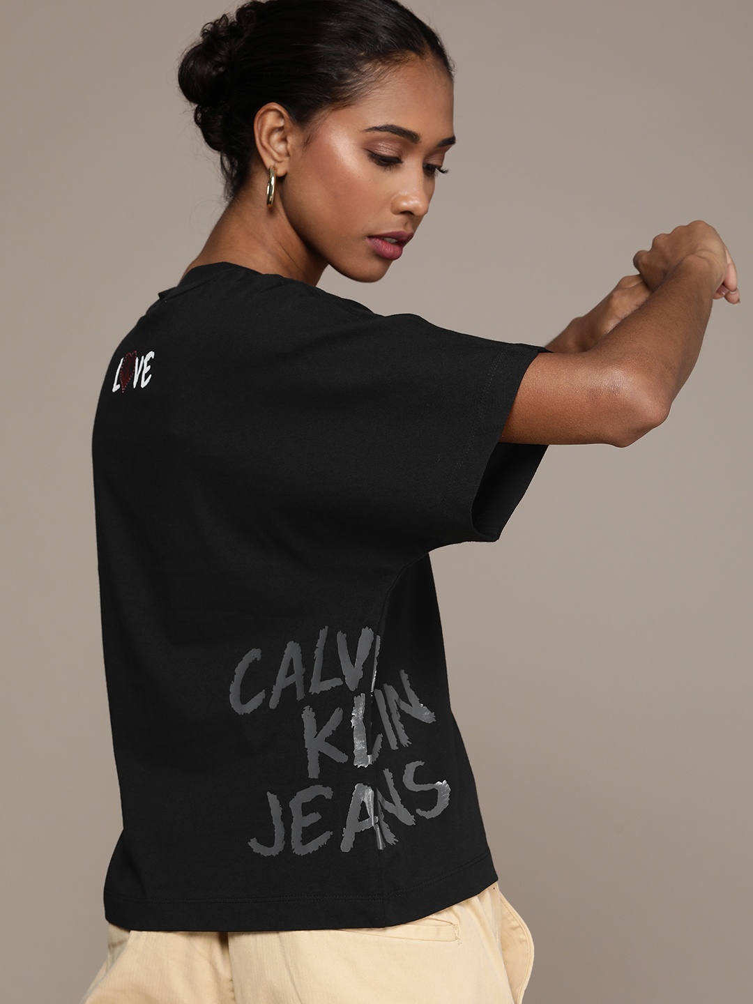 

Calvin Klein Jeans Women Black Brand Logo Printed Pure Cotton T-shirt