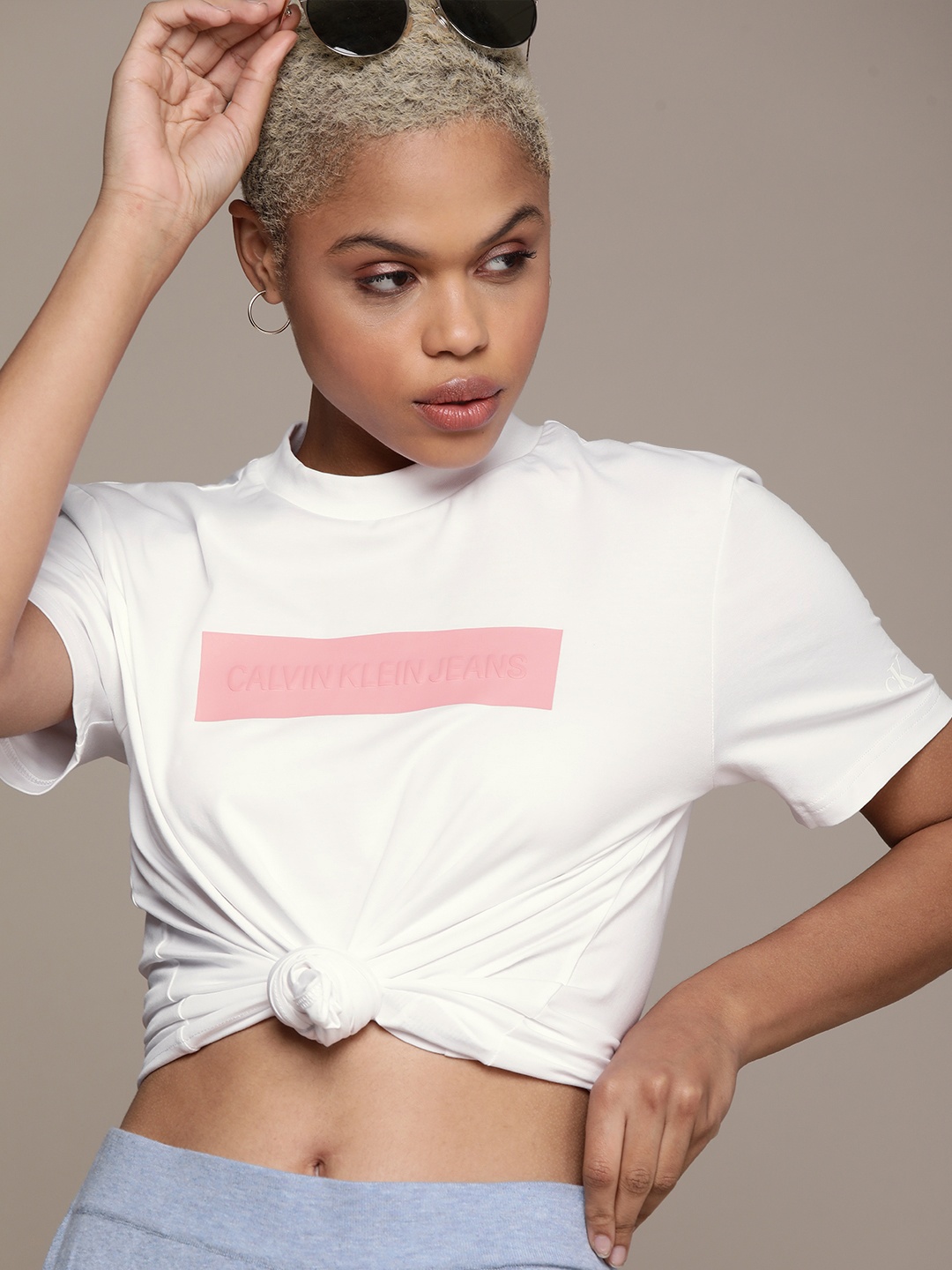 

Calvin Klein Jeans Women White Brand Logo Printed Slim Fit T-shirt