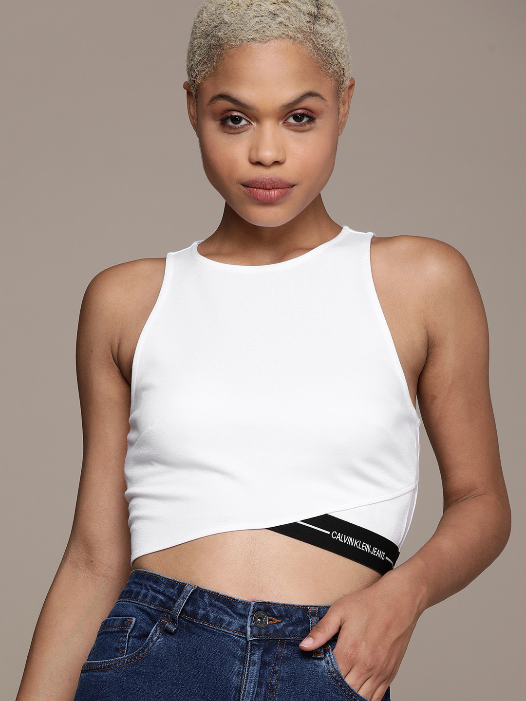 

Calvin Klein Jeans Women White Typography Colourblocked Racerback Slim Fit T-shirt