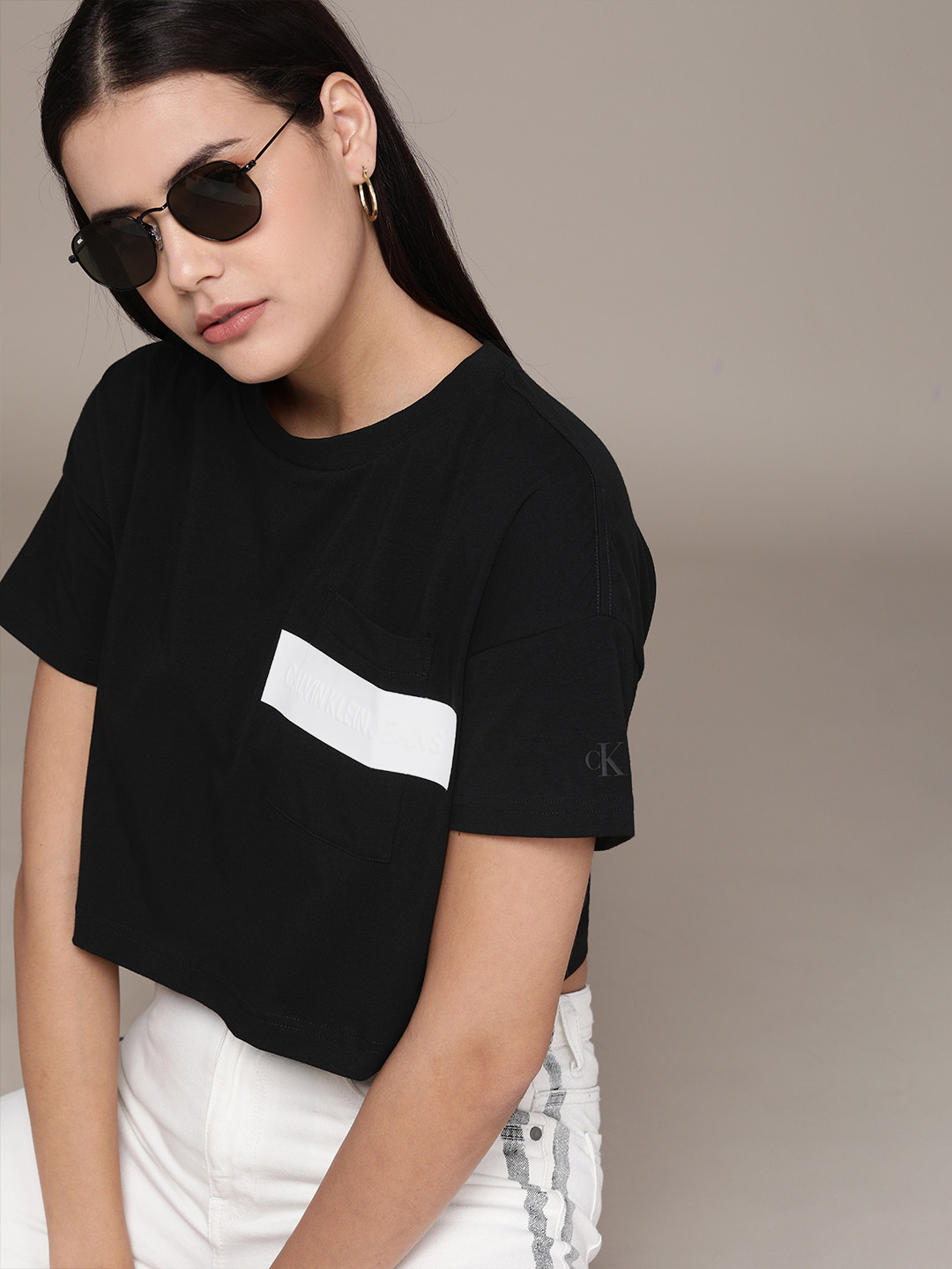 

Calvin Klein Jeans Women Black Embossed Brand Logo Printed Boxy Crop T-shirt