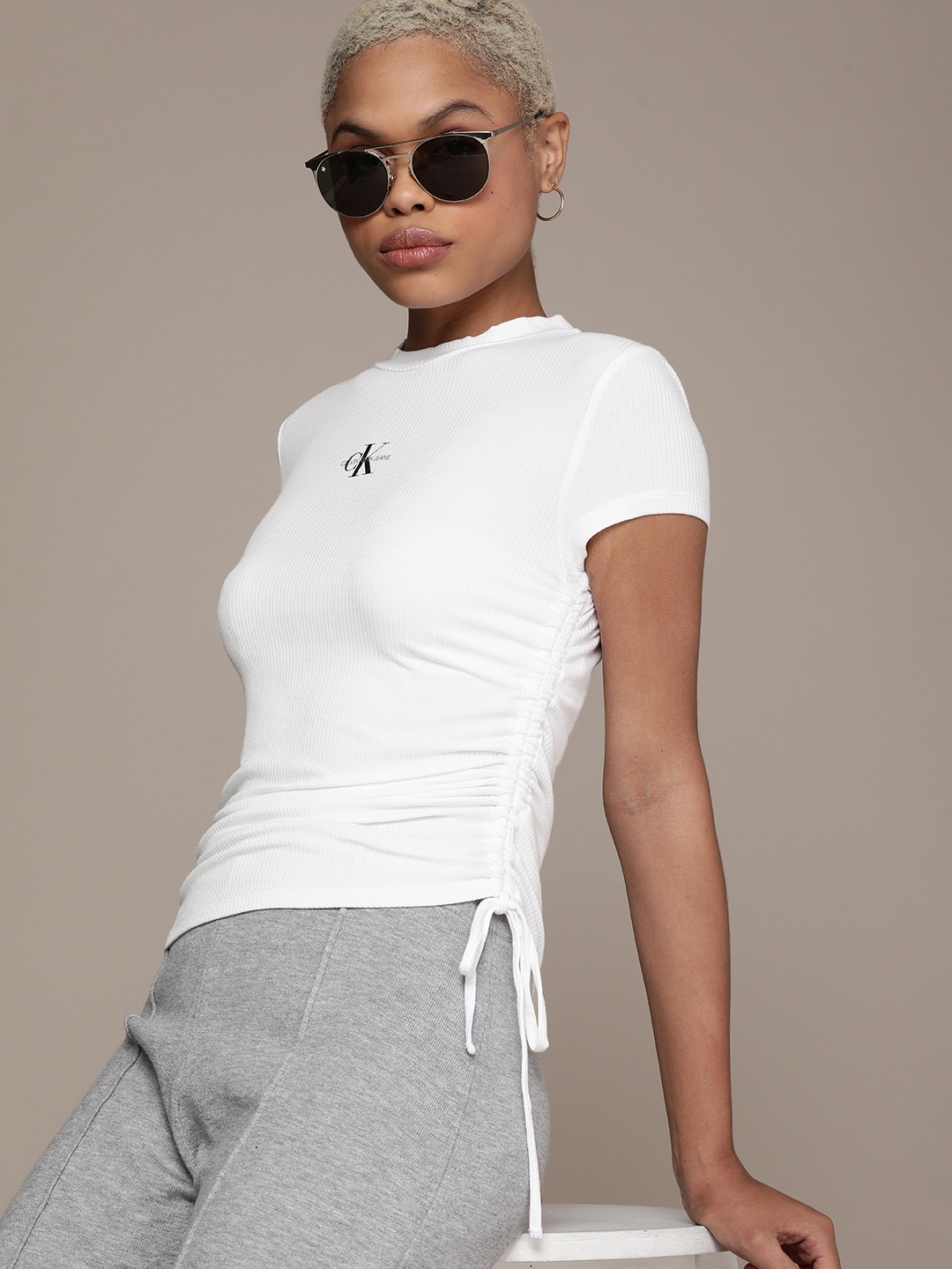 

Calvin Klein Jeans Women White Slim Fit T-shirt with Side Drawstring Details