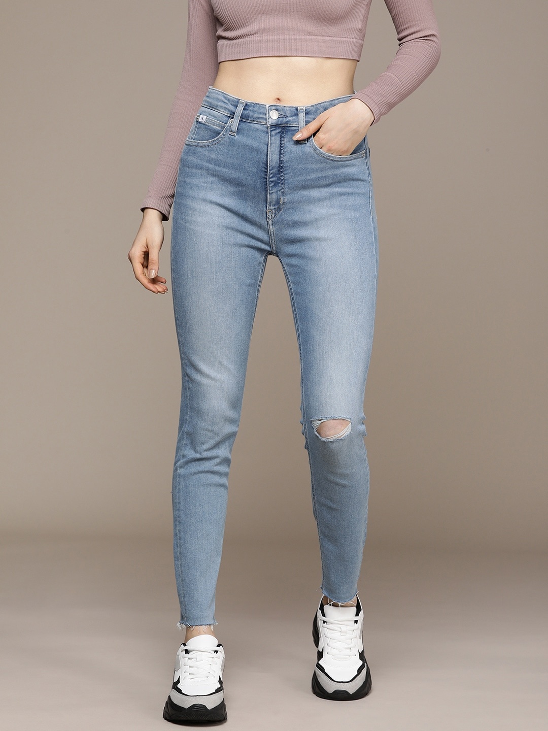 

Calvin Klein Jeans Women Blue Super Skinny Fit High-Rise Slash Knee Light Fade Stretchable Jeans