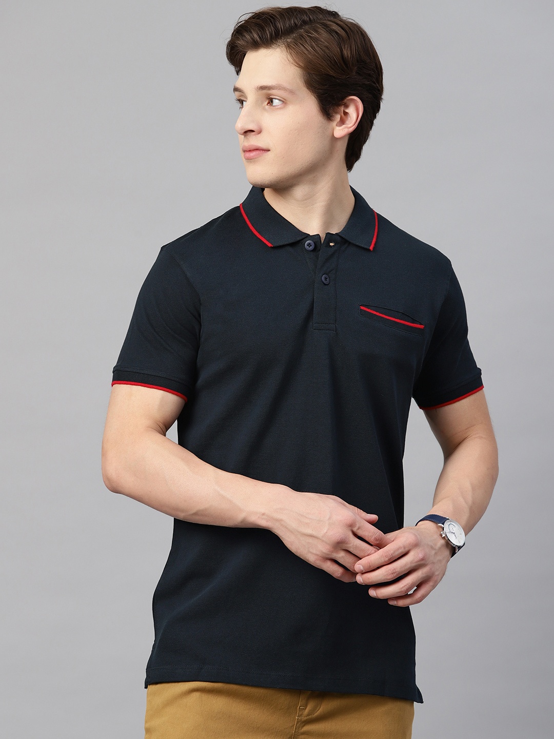 

ManQ CASUAL Men Navy Blue Solid Polo Collar Pure Cotton Slim Fit T-shirt