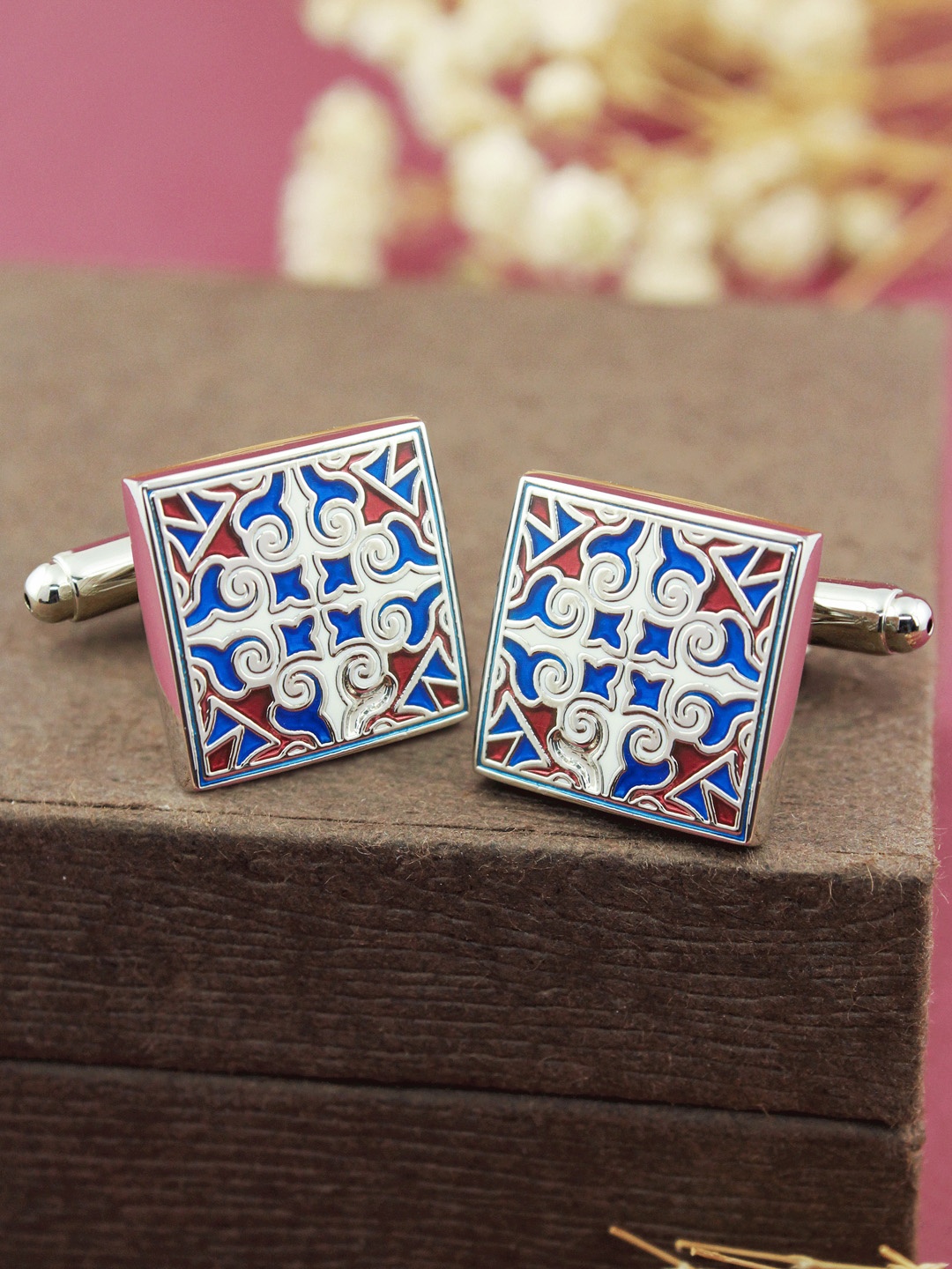 

PELUCHE Silver-Toned & Blue Printed Brass Cufflink