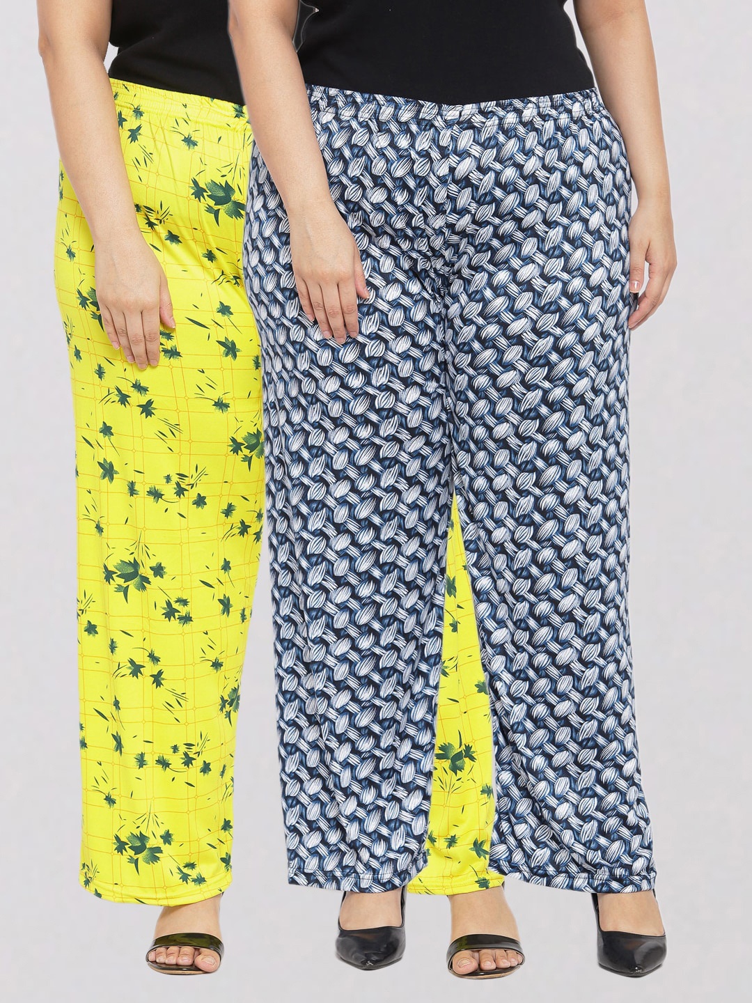 

KLOTTHE Women Pack of 2 Blue & Yellow Printed Wide Leg Palazzos