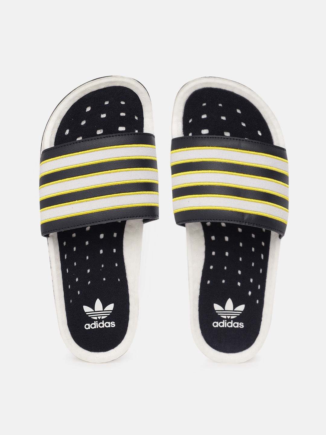 

ADIDAS Originals Men White & Navy Blue Adilette Boost Striped Sustainable Sliders