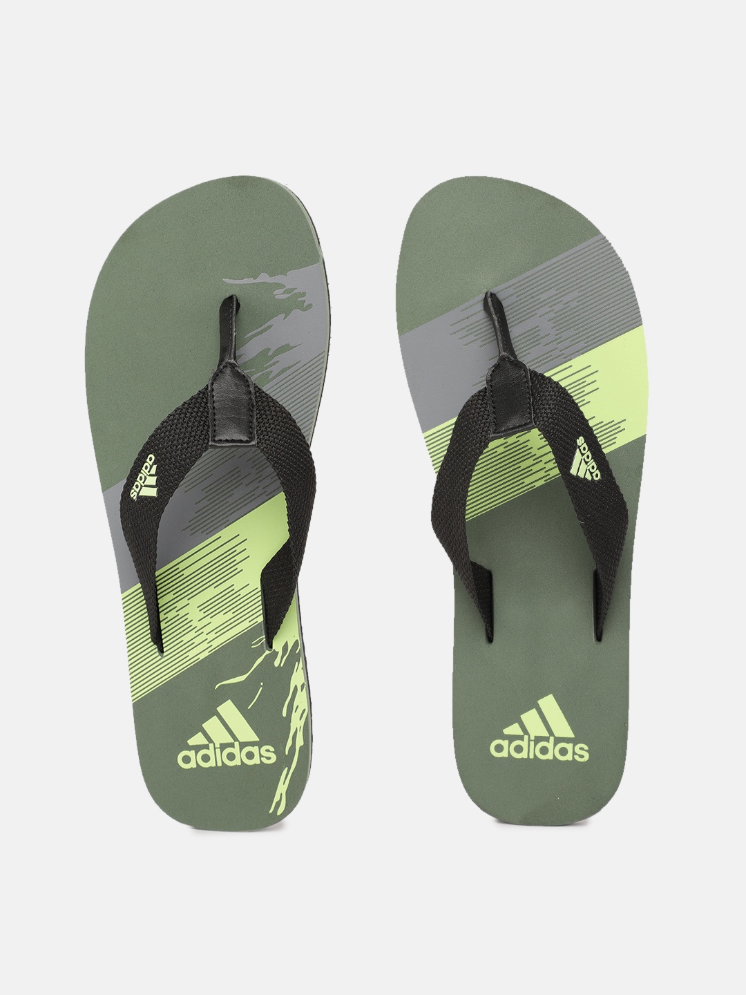 

ADIDAS Men Black & Olive Green Striped Thong Flip-Flops
