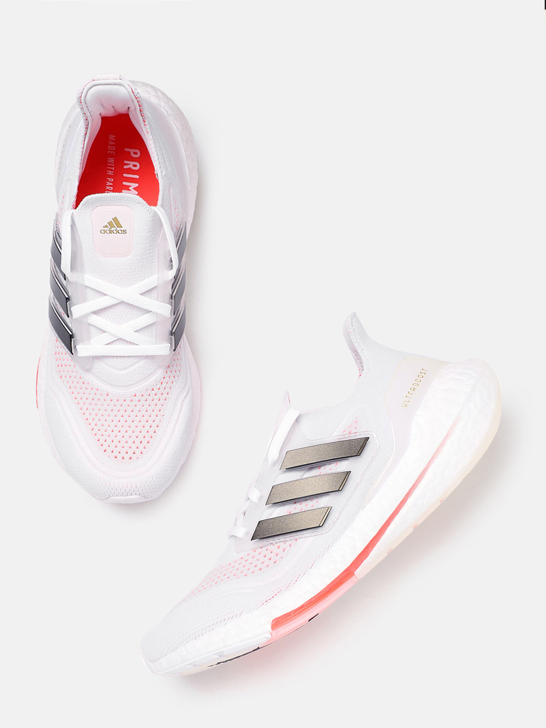 

ADIDAS Women White & Coral Orange Woven Design Ultra Boost 21 Sustainable Running Shoes