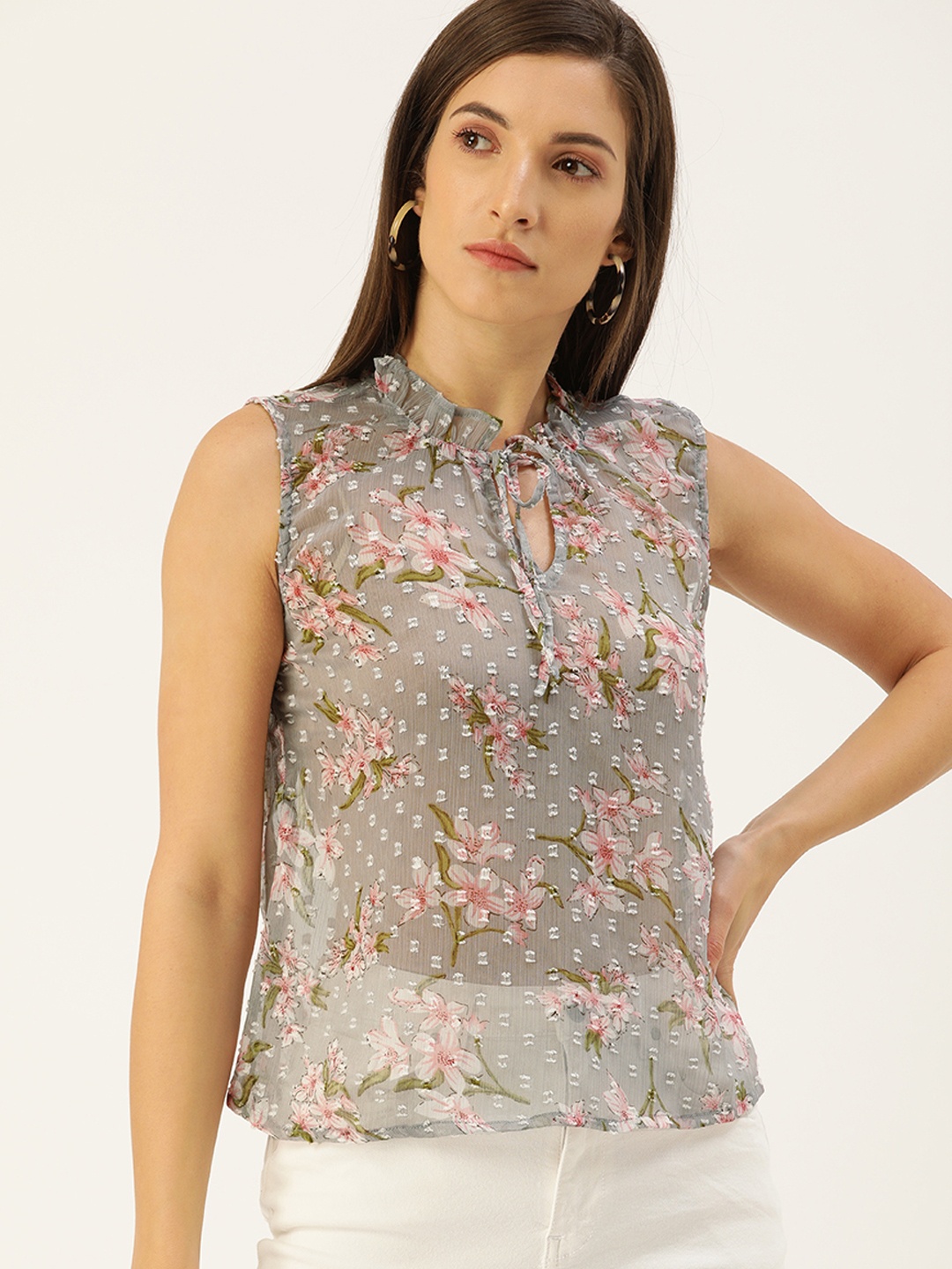 

Flying Machine Grey & Pink Floral Tie-Up Neck Regular Top