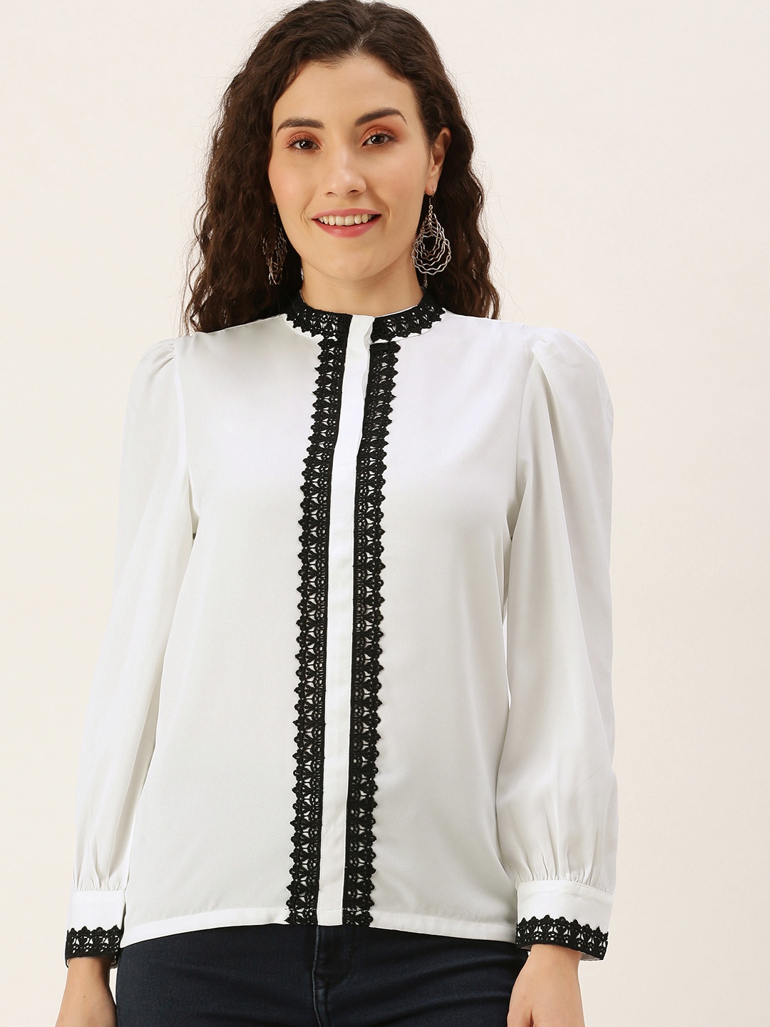 

Flying Machine White Mandarin Collar Embroidered Blouson Top
