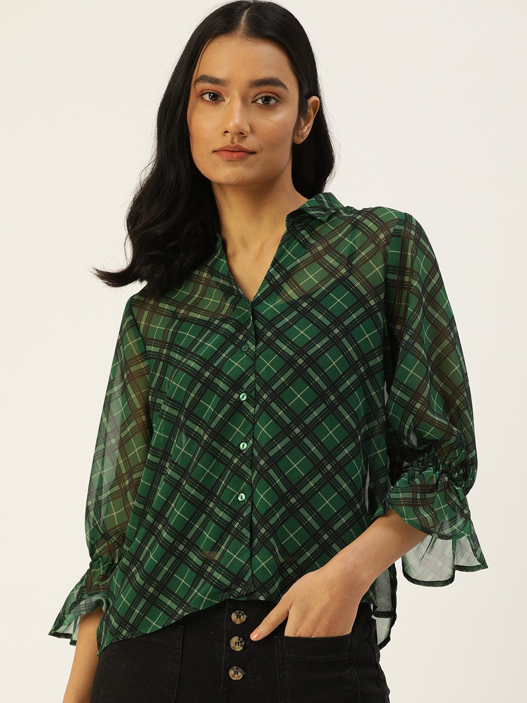 

Flying Machine Green & Black Checked Shirt Style Top