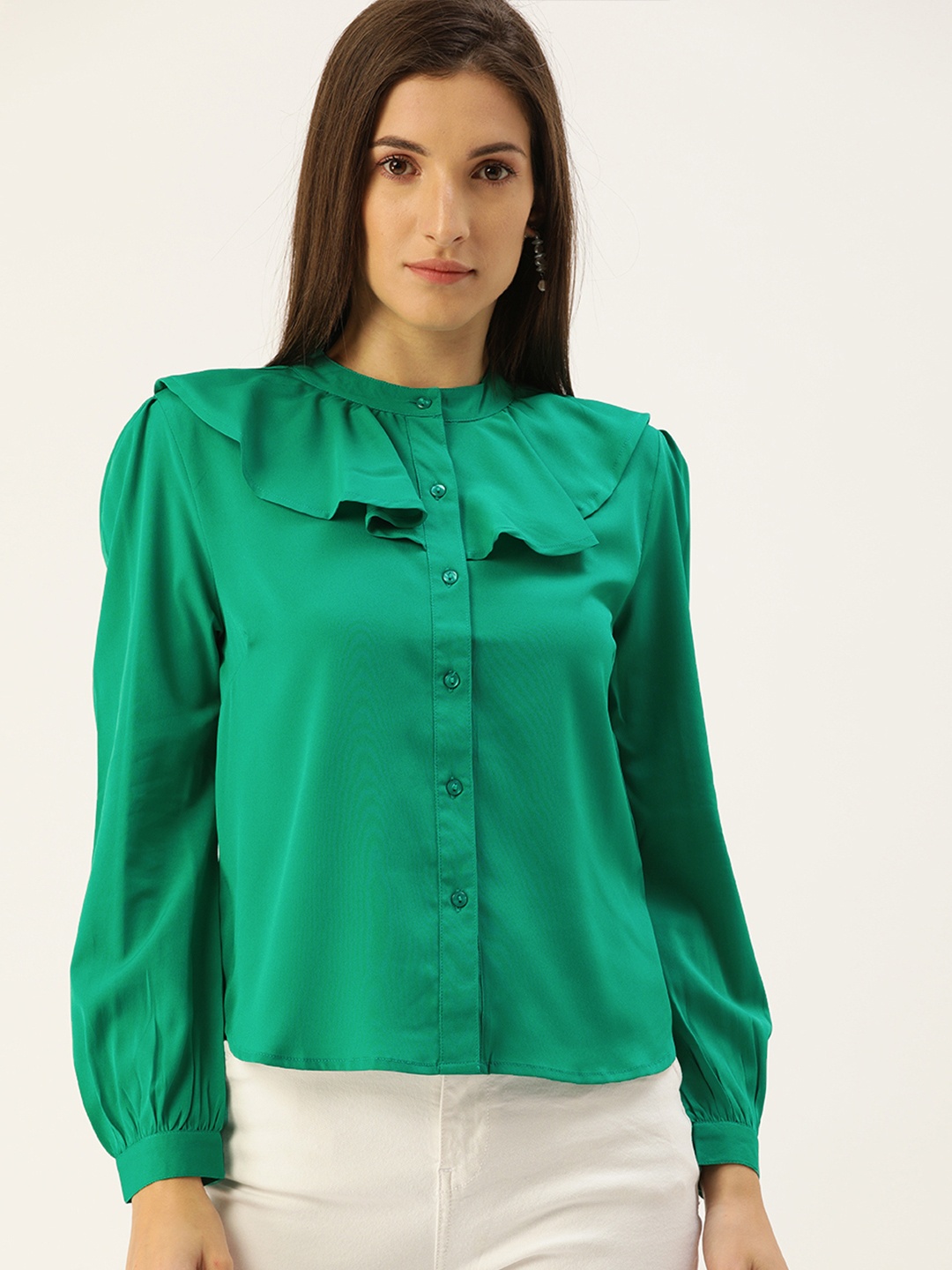 

Flying Machine Green Ruffles Shirt Style Top