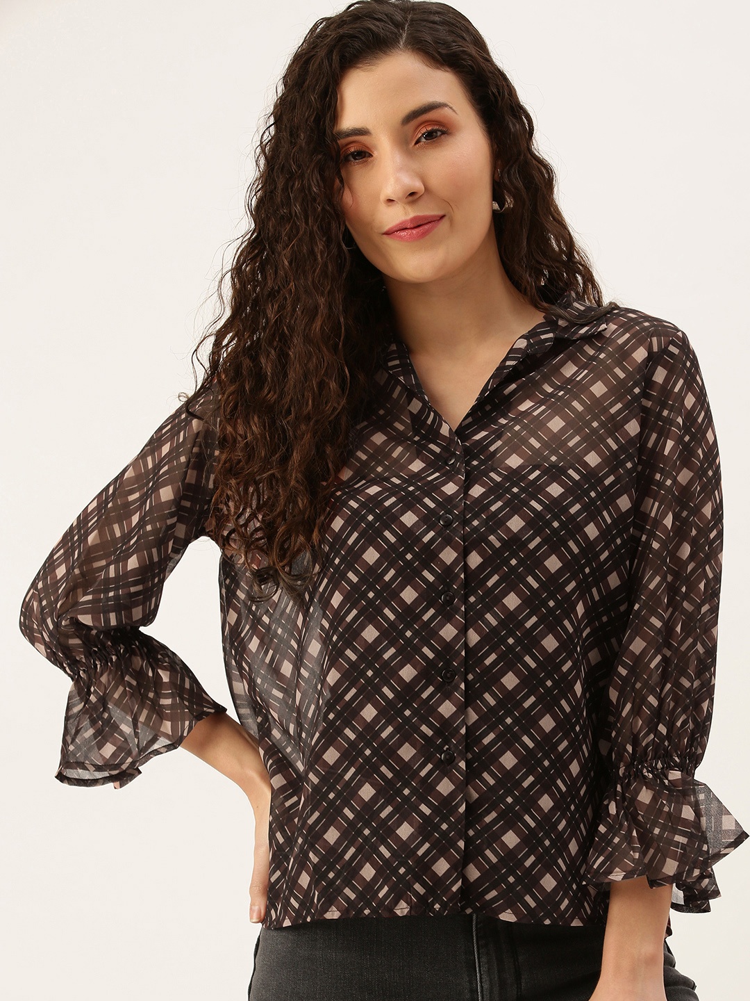 

Flying Machine Women Brown Checked Shirt Style Top