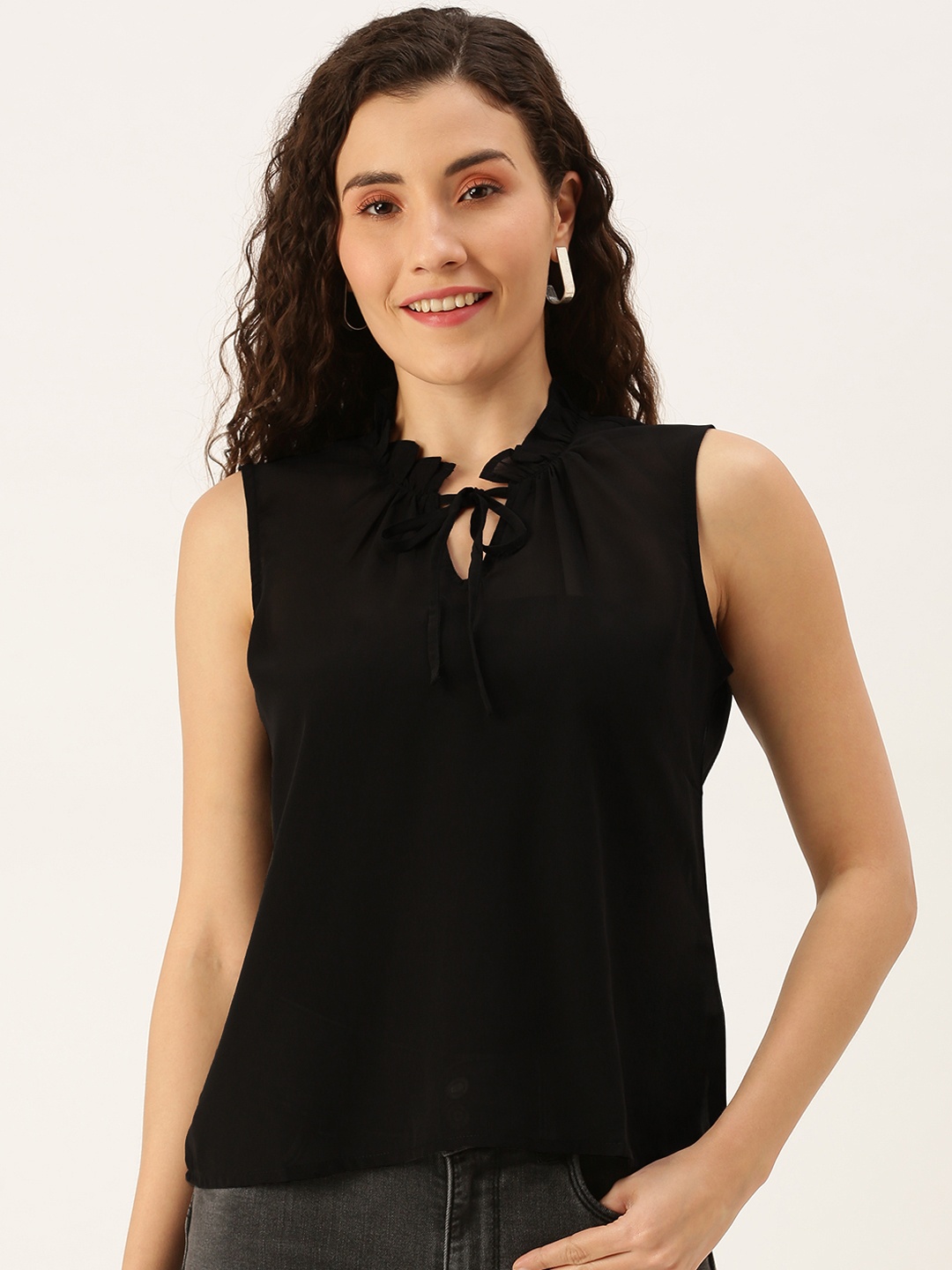 

Flying Machine Black Solid Tie-Up Neck Sleeveless Casual Top